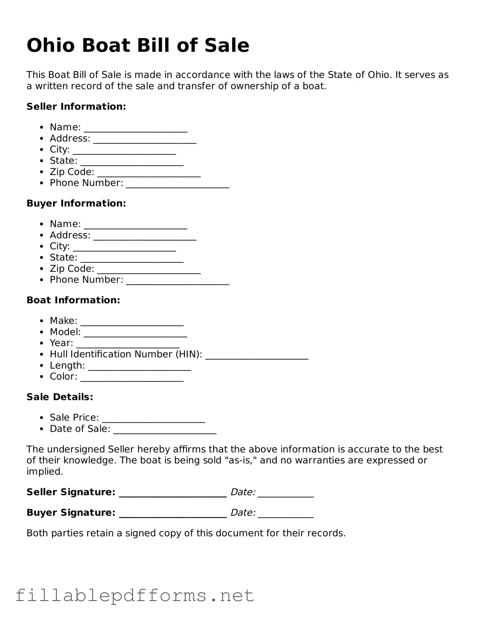 Attorney-Verified Boat Bill of Sale Form for Ohio State