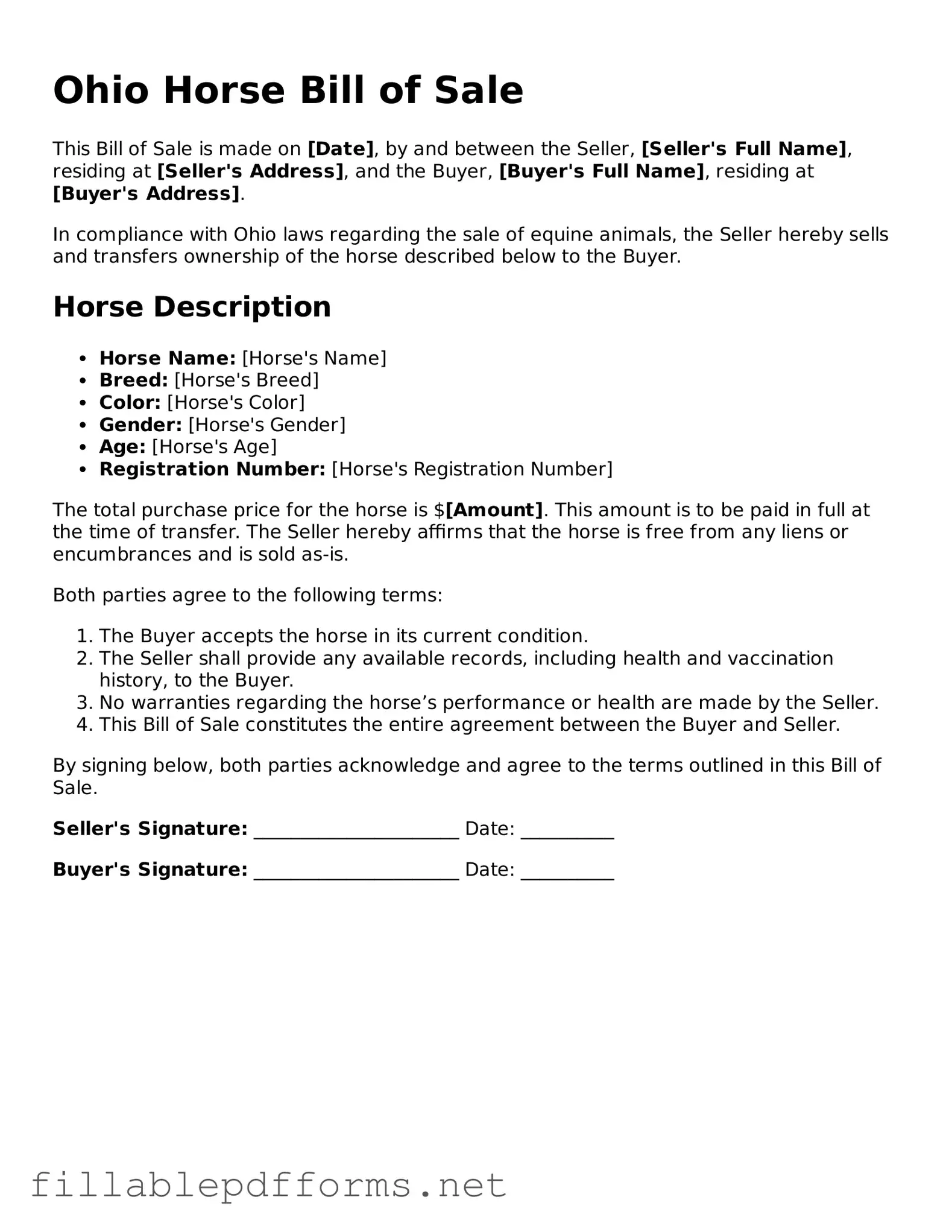 Attorney-Verified Horse Bill of Sale Form for Ohio State