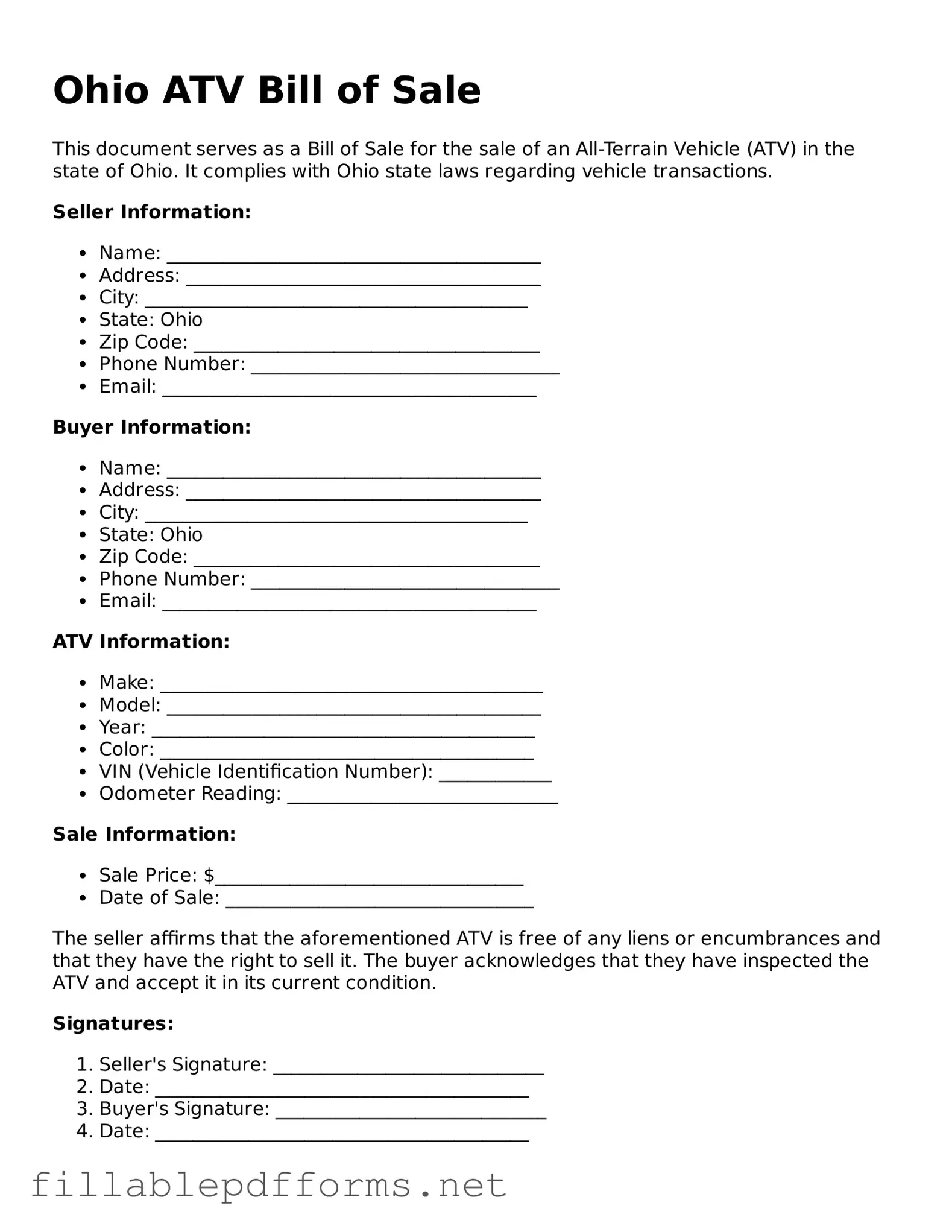 Attorney-Verified ATV Bill of Sale Form for Ohio State