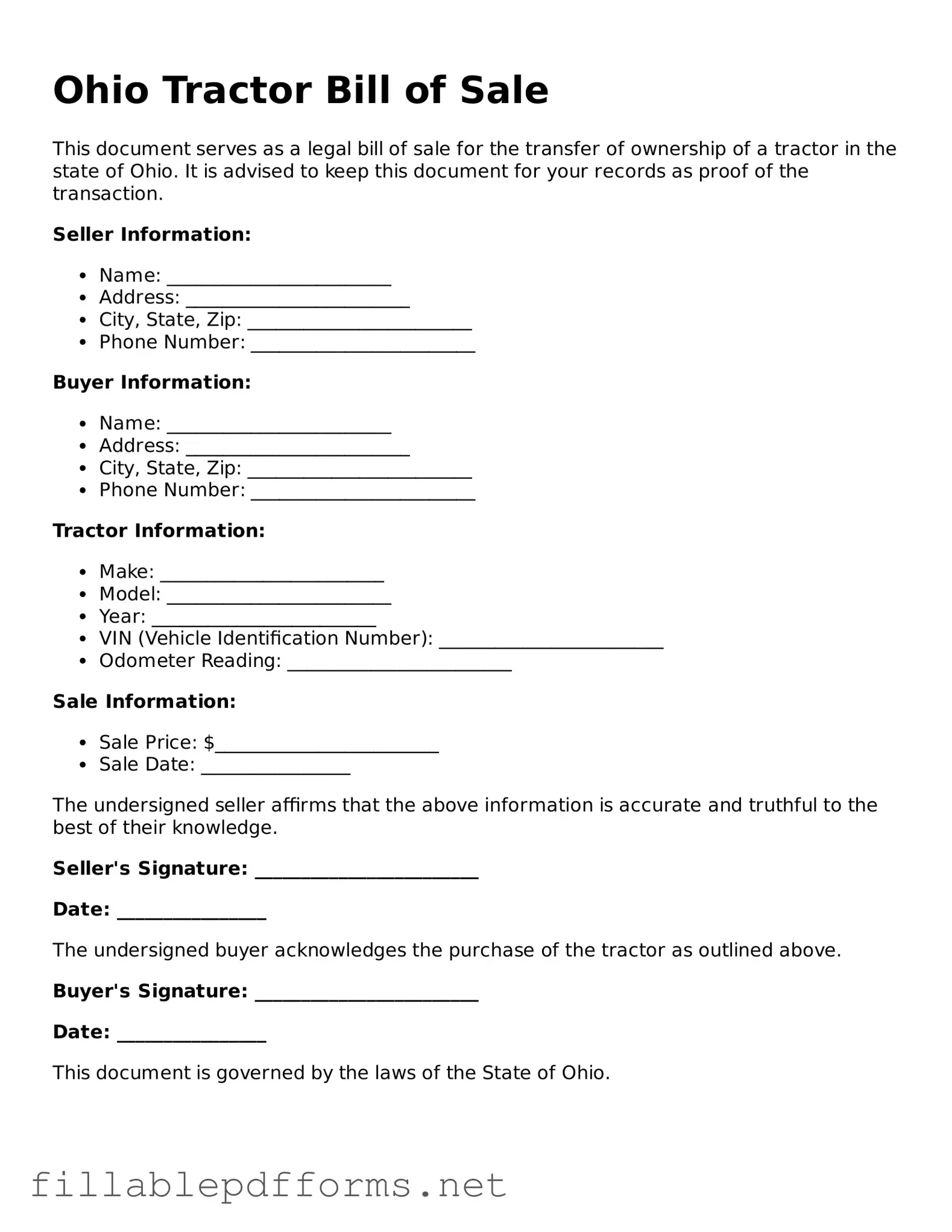 Attorney-Verified Tractor Bill of Sale Form for Ohio State