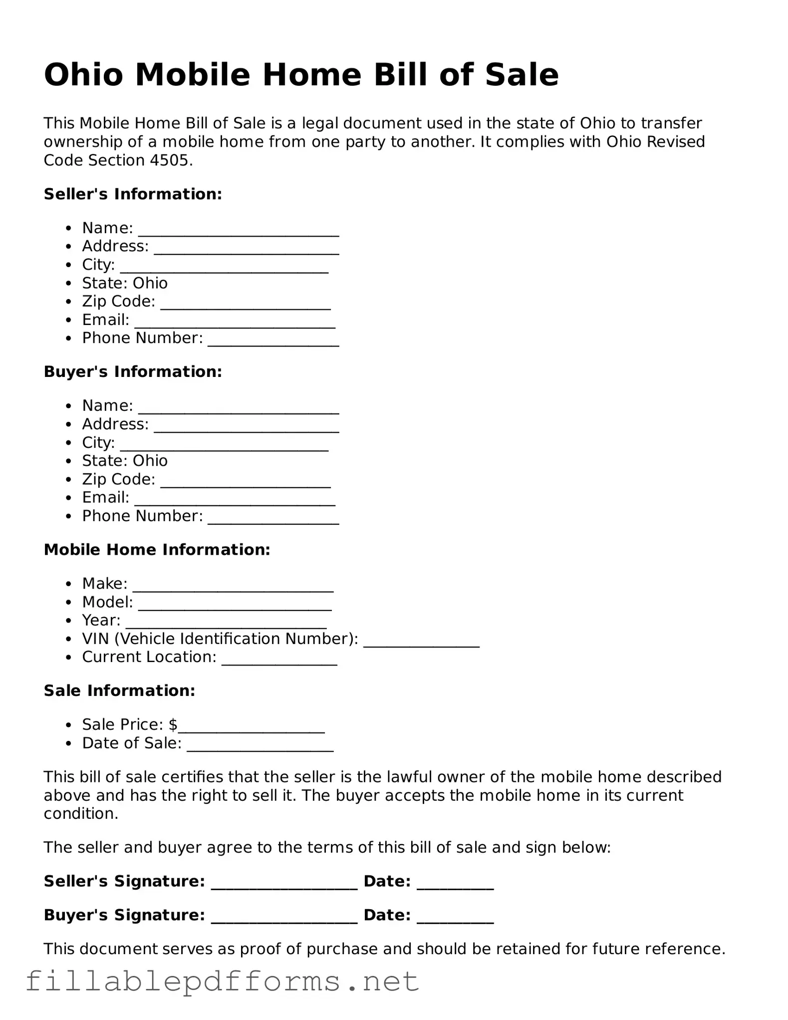 Attorney-Verified Mobile Home Bill of Sale Form for Ohio State