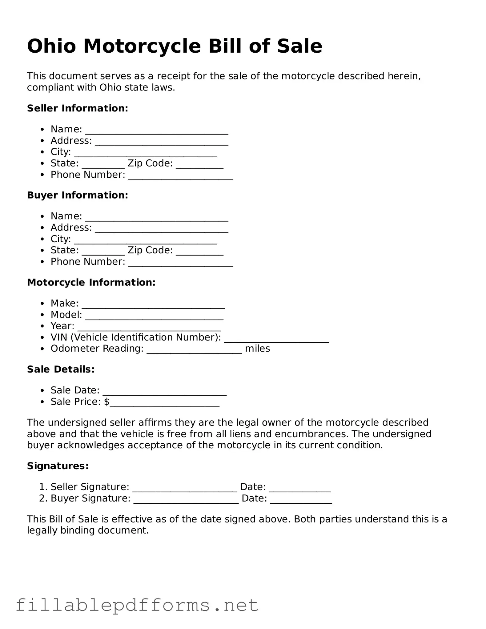 Attorney-Verified Motorcycle Bill of Sale Form for Ohio State
