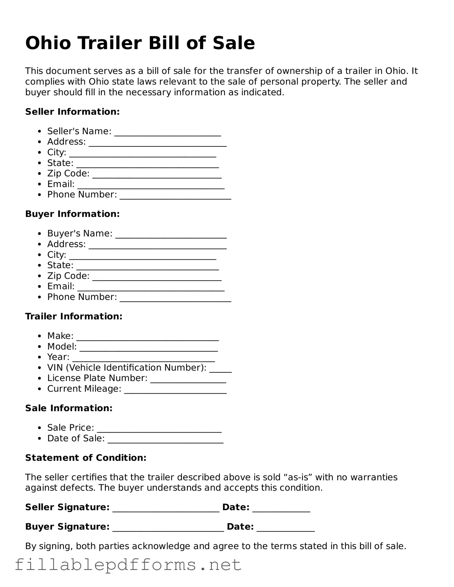Attorney-Verified Trailer Bill of Sale Form for Ohio State