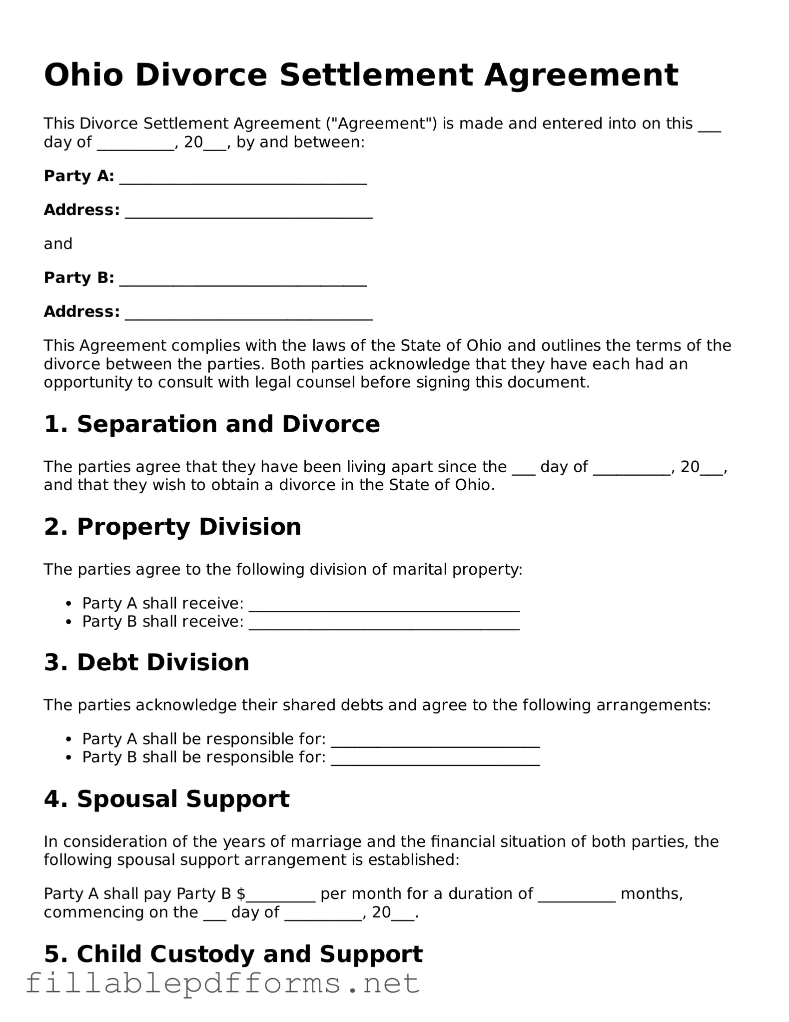 Attorney-Verified Divorce Settlement Agreement Form for Ohio State