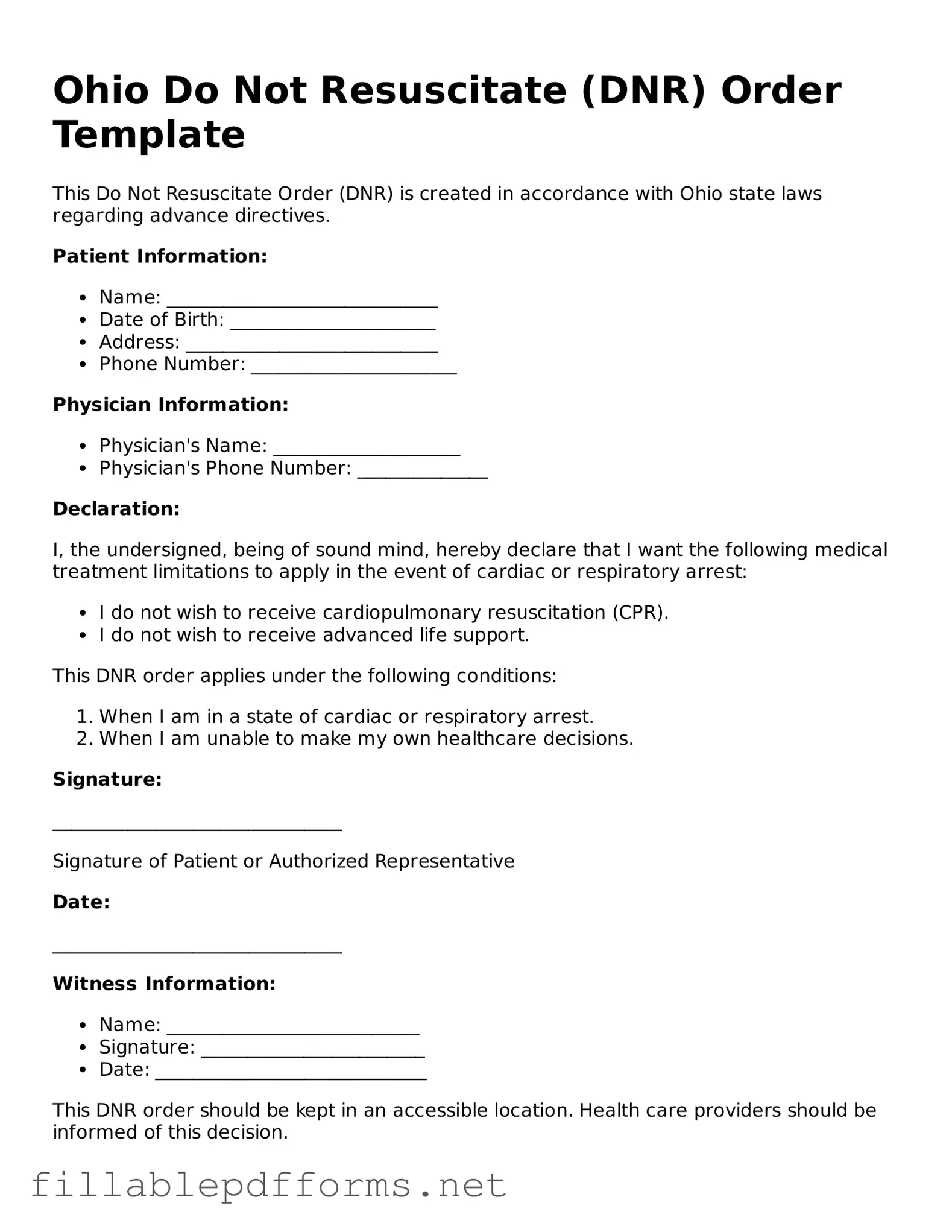 Attorney-Verified Do Not Resuscitate Order Form for Ohio State