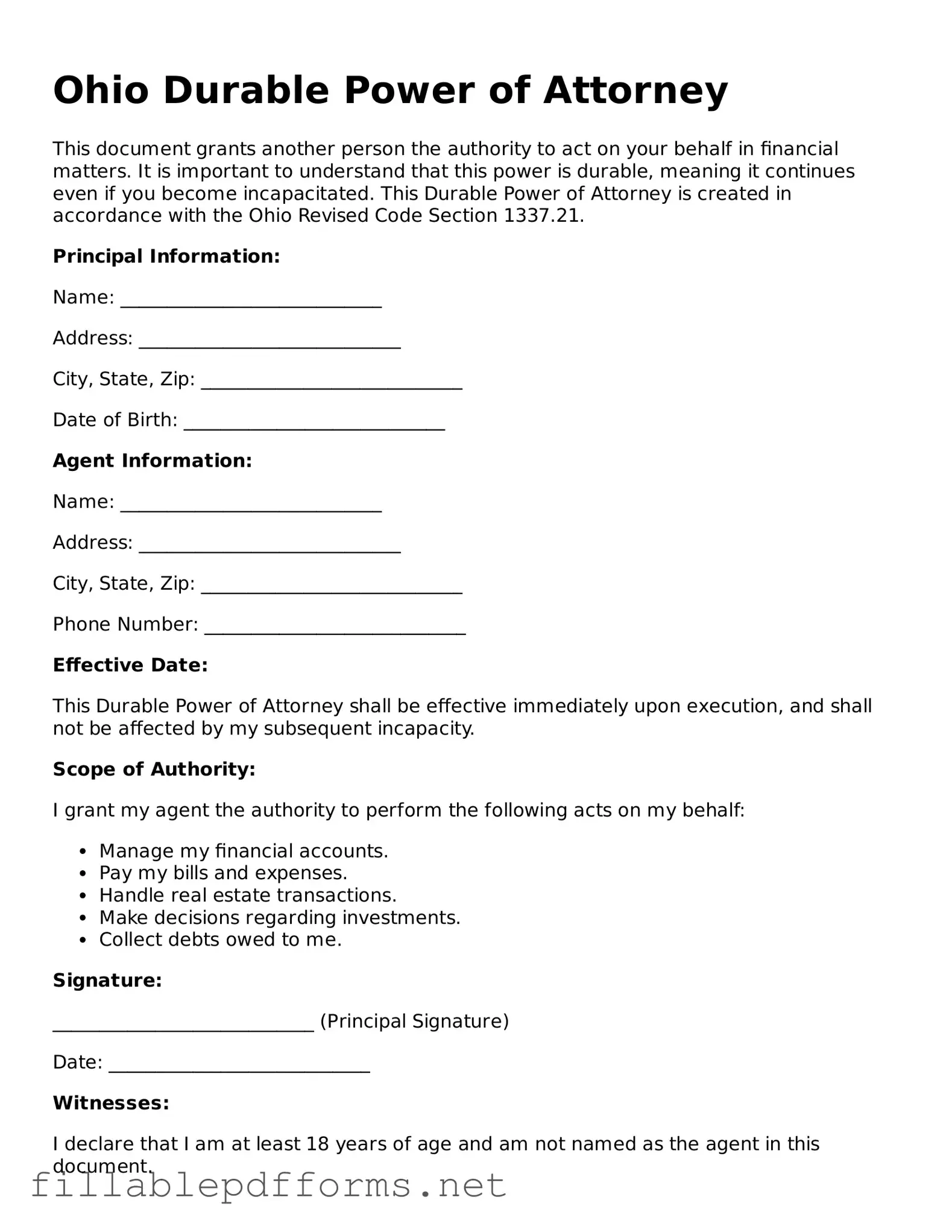 Attorney-Verified Durable Power of Attorney Form for Ohio State