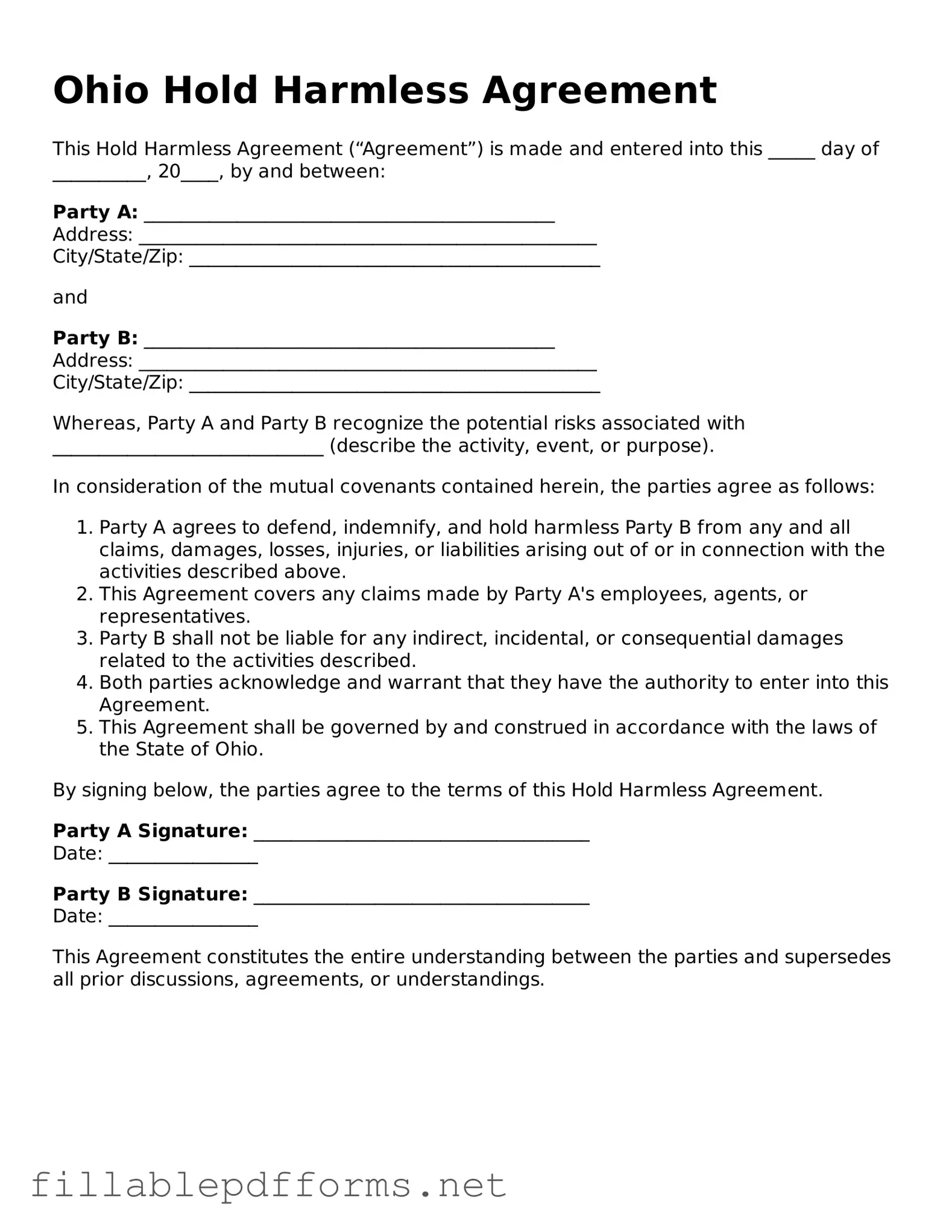 Attorney-Verified Hold Harmless Agreement Form for Ohio State