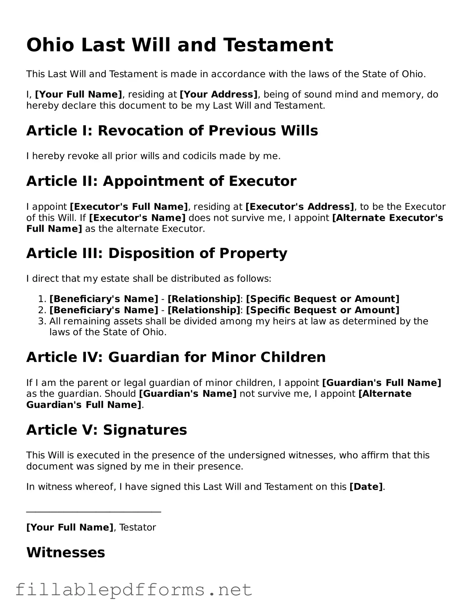 Attorney-Verified Last Will and Testament Form for Ohio State