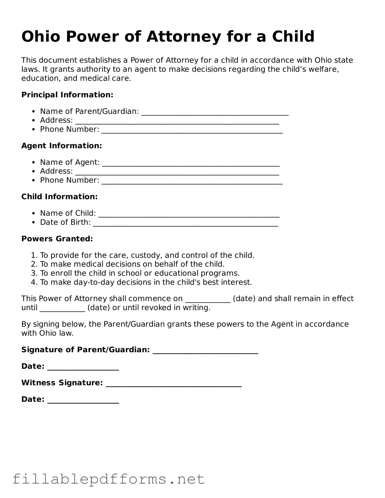 Attorney-Verified Power of Attorney for a Child Form for Ohio State
