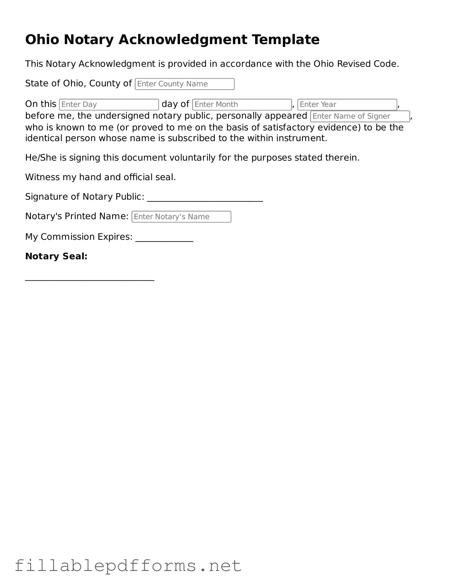 Attorney-Verified Notary Acknowledgement Form for Ohio State