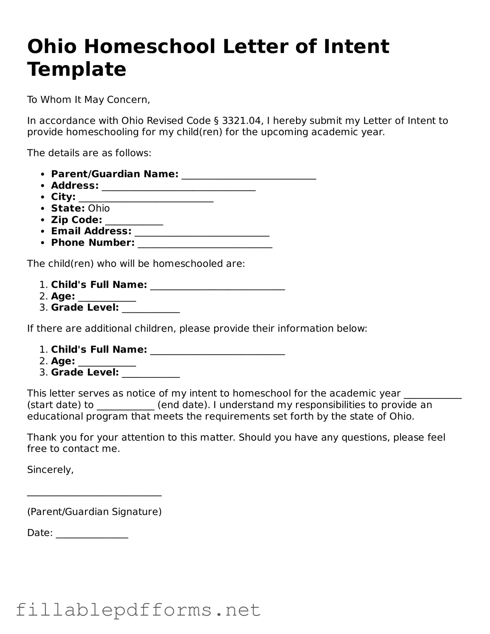 Attorney-Verified Homeschool Letter of Intent Form for Ohio State
