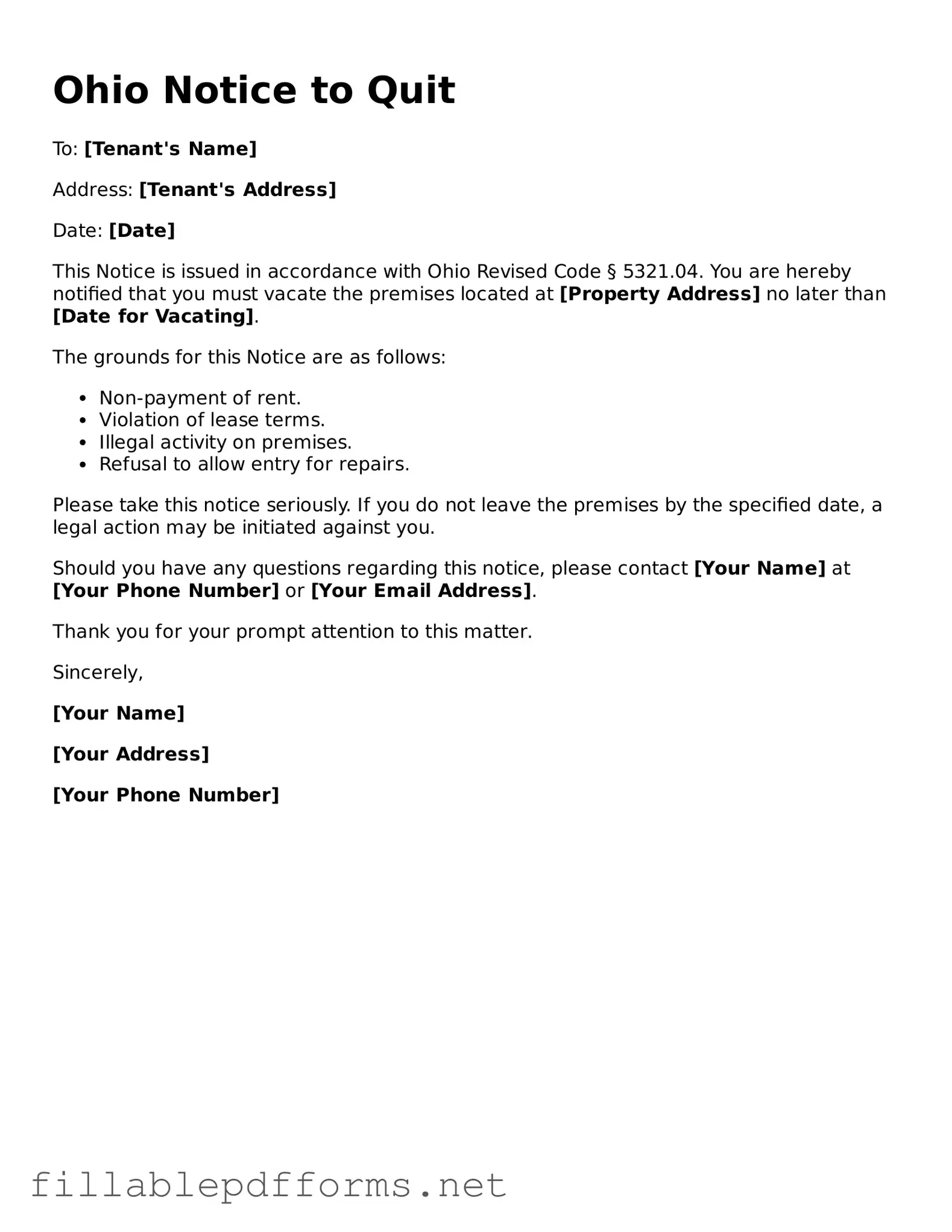 Attorney-Verified Notice to Quit Form for Ohio State