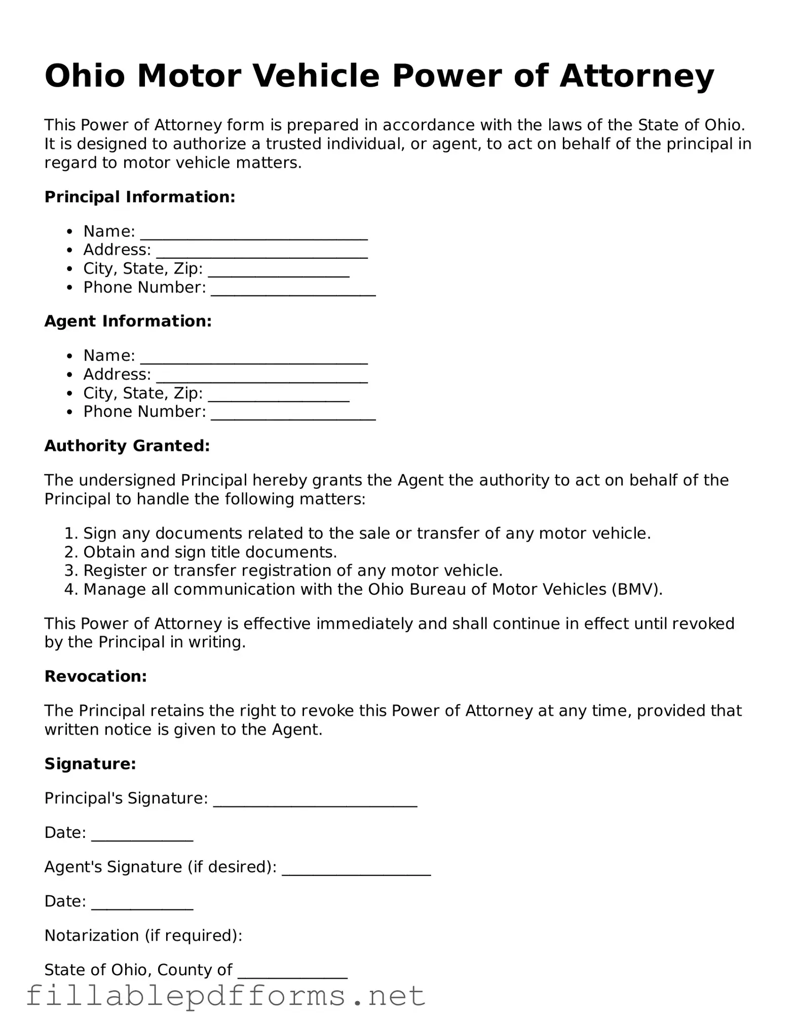 Attorney-Verified Motor Vehicle Power of Attorney Form for Ohio State