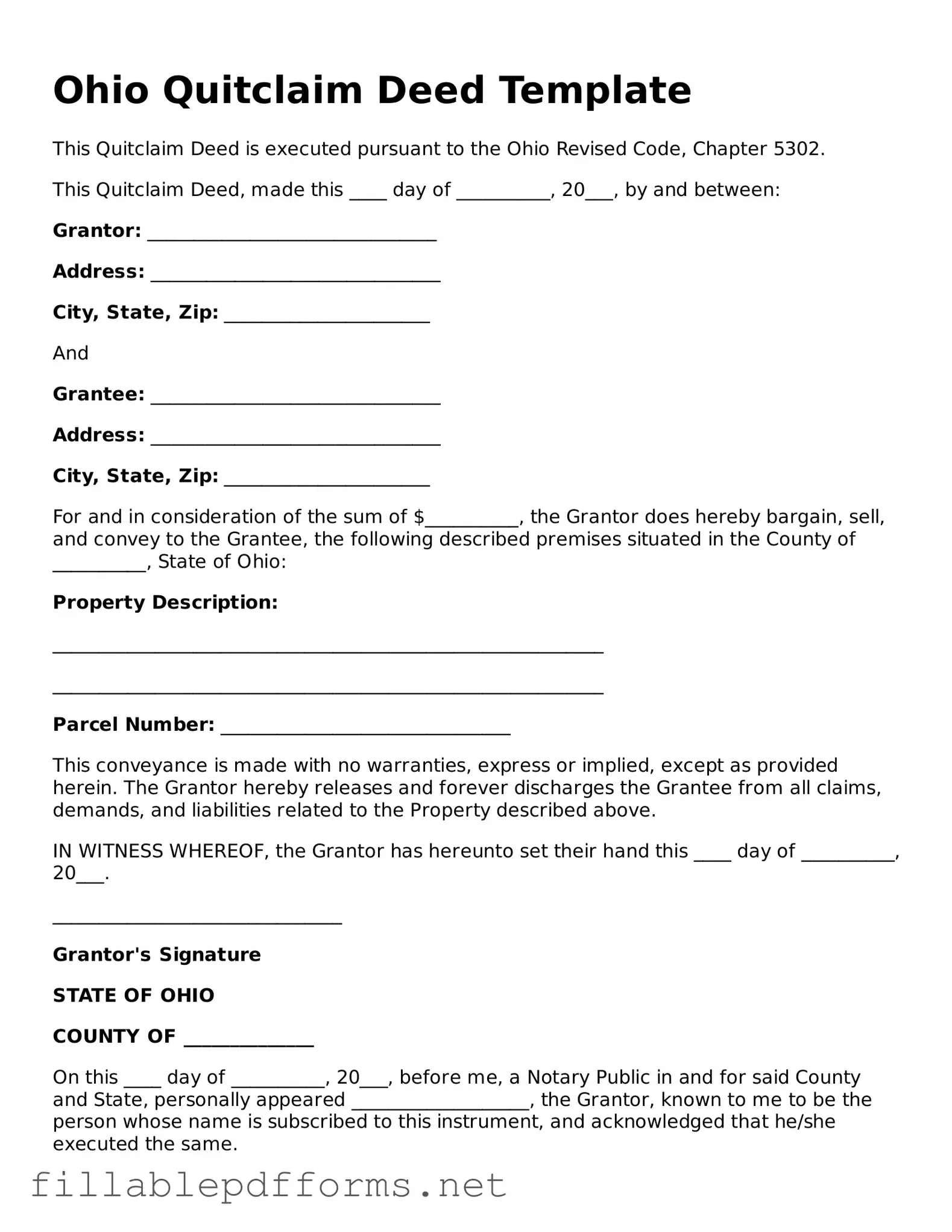 Attorney-Verified Quitclaim Deed Form for Ohio State