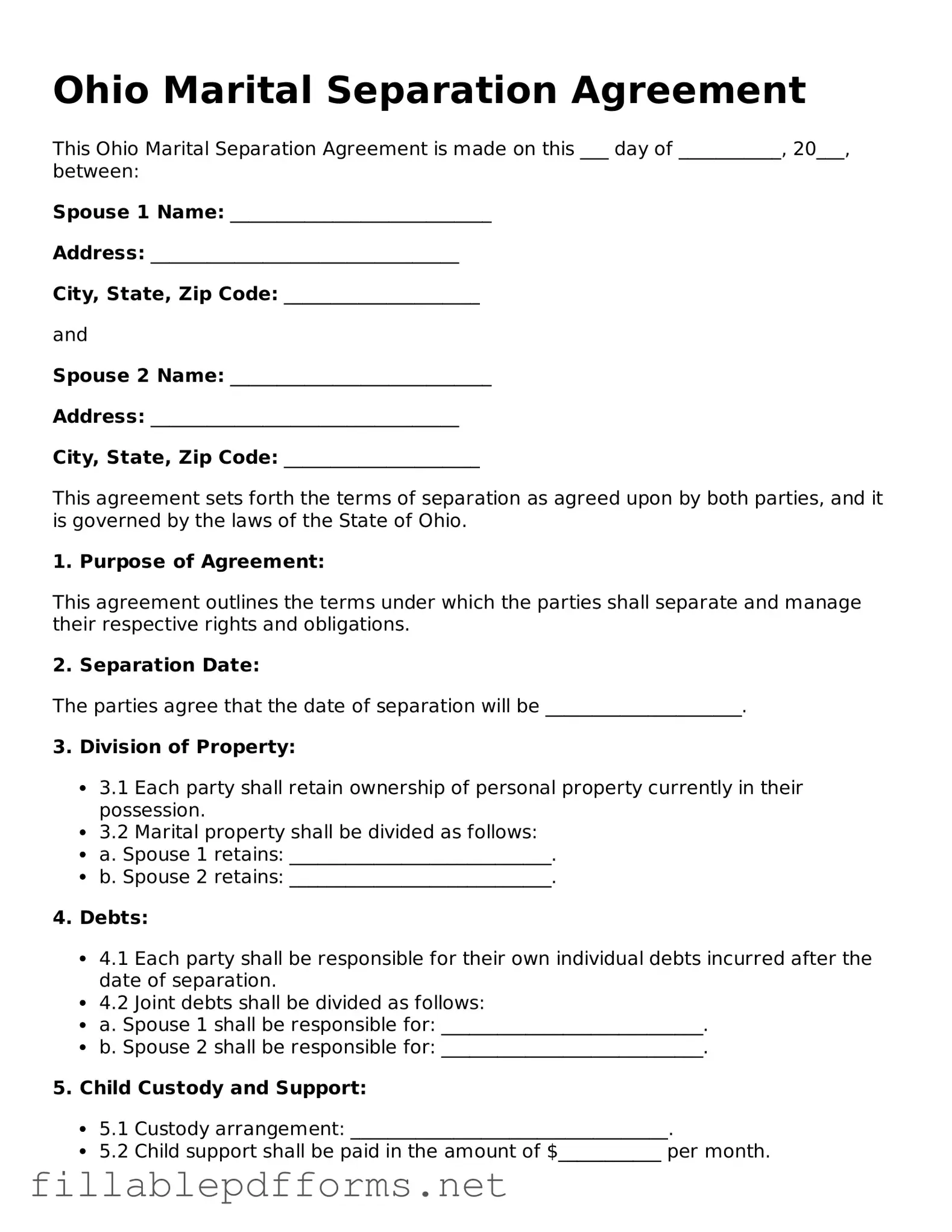 Attorney-Verified Marital Separation Agreement Form for Ohio State