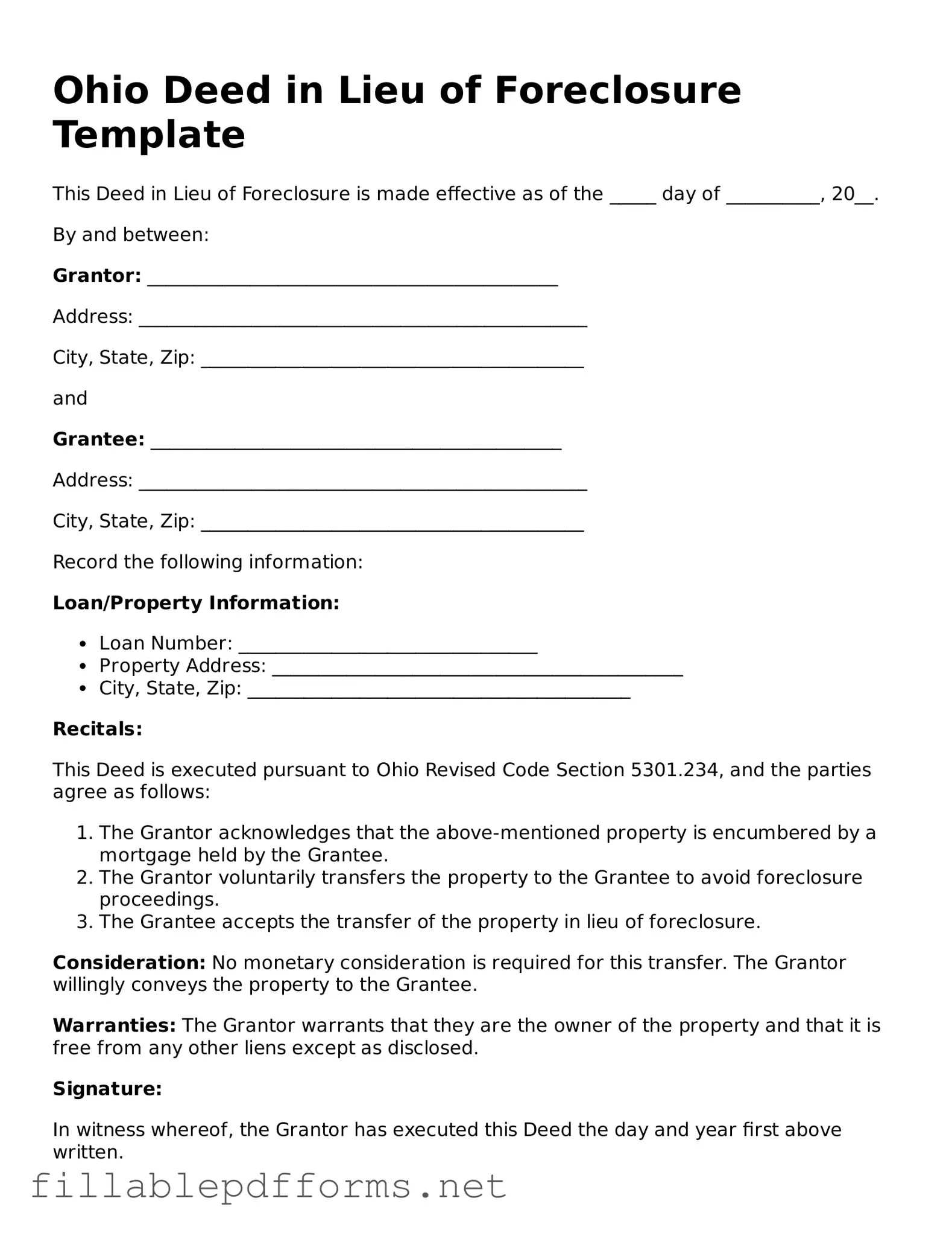 Attorney-Verified Deed in Lieu of Foreclosure Form for Ohio State
