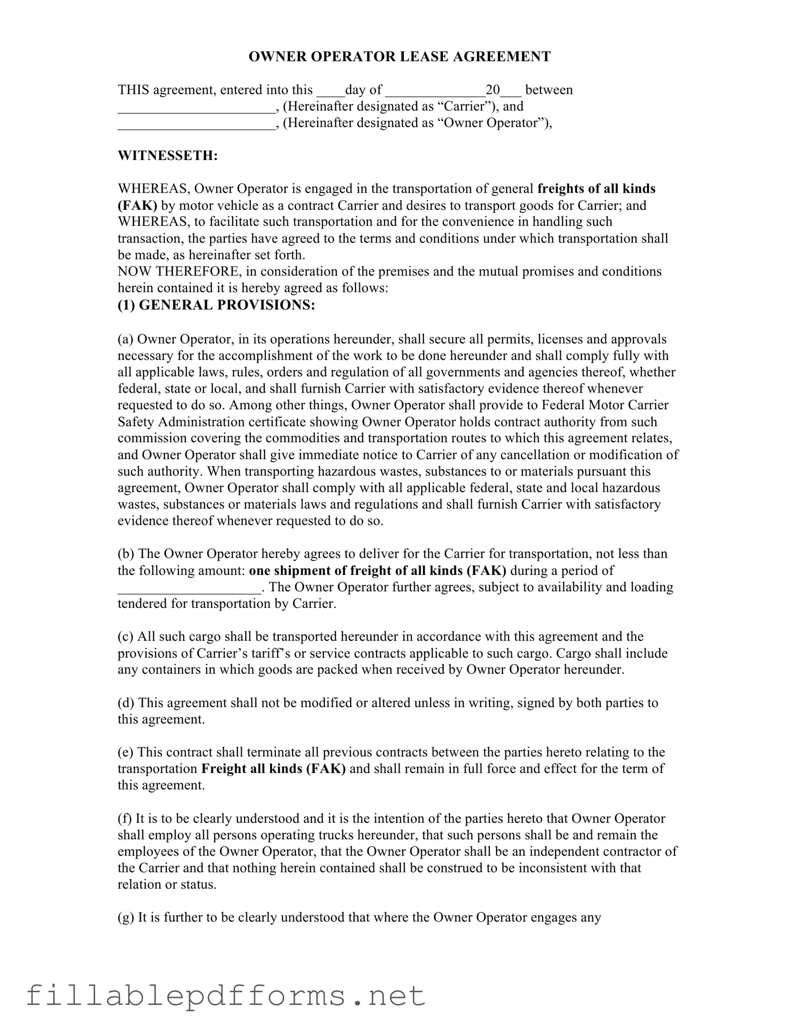Owner Operator Lease Agreement PDF Template