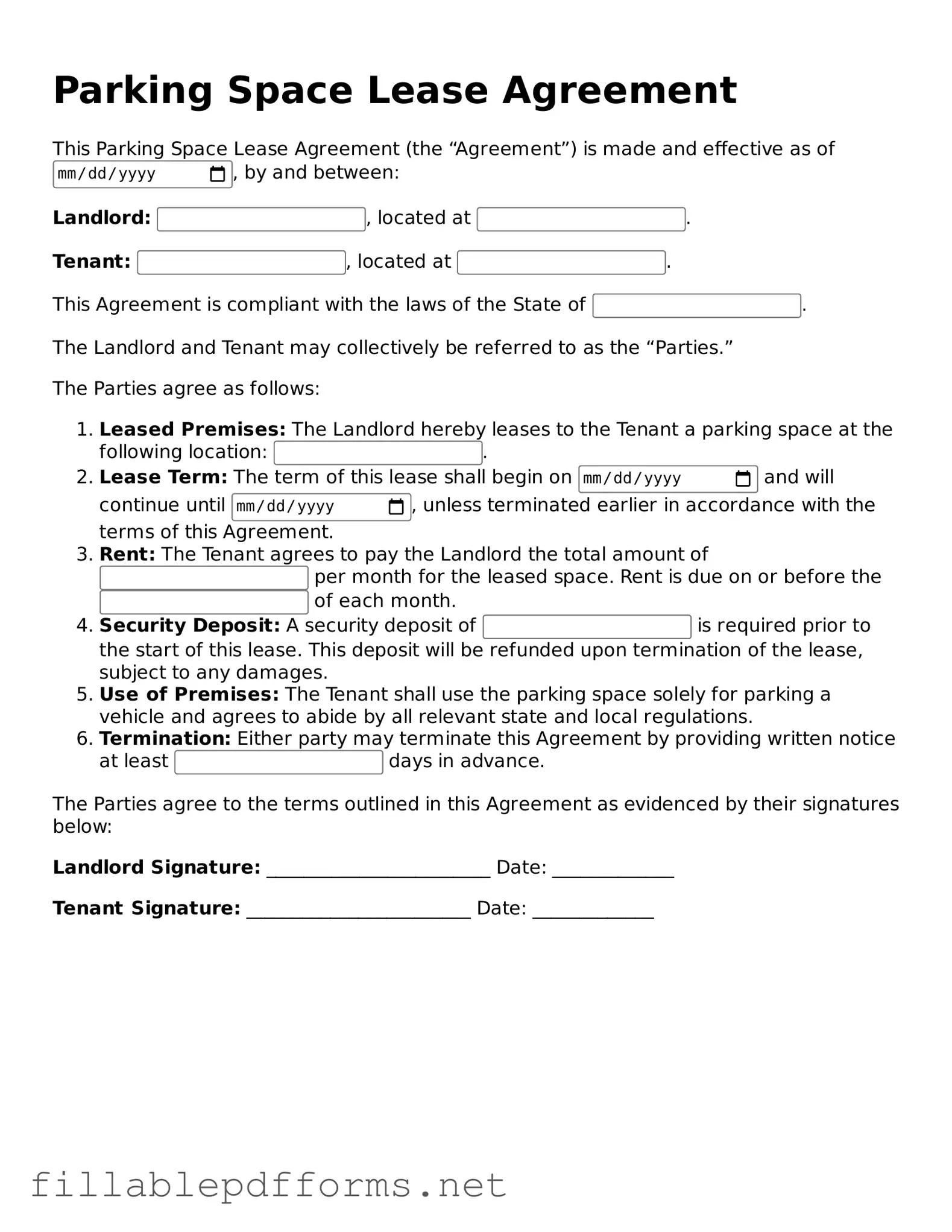 Blank Parking Space Lease Agreement Template