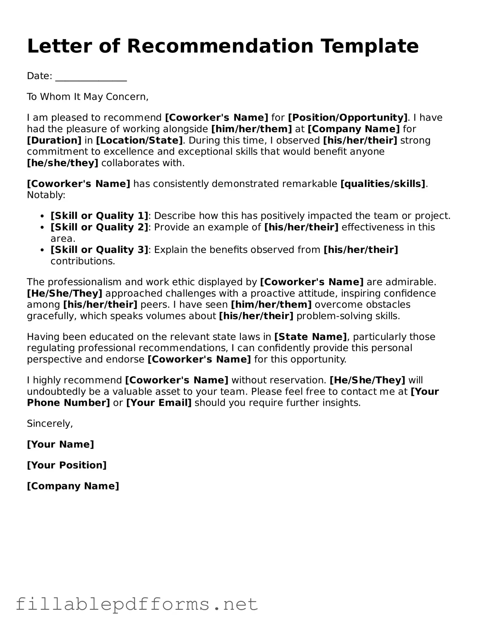 Blank Letter of Recommendation for Coworker Template