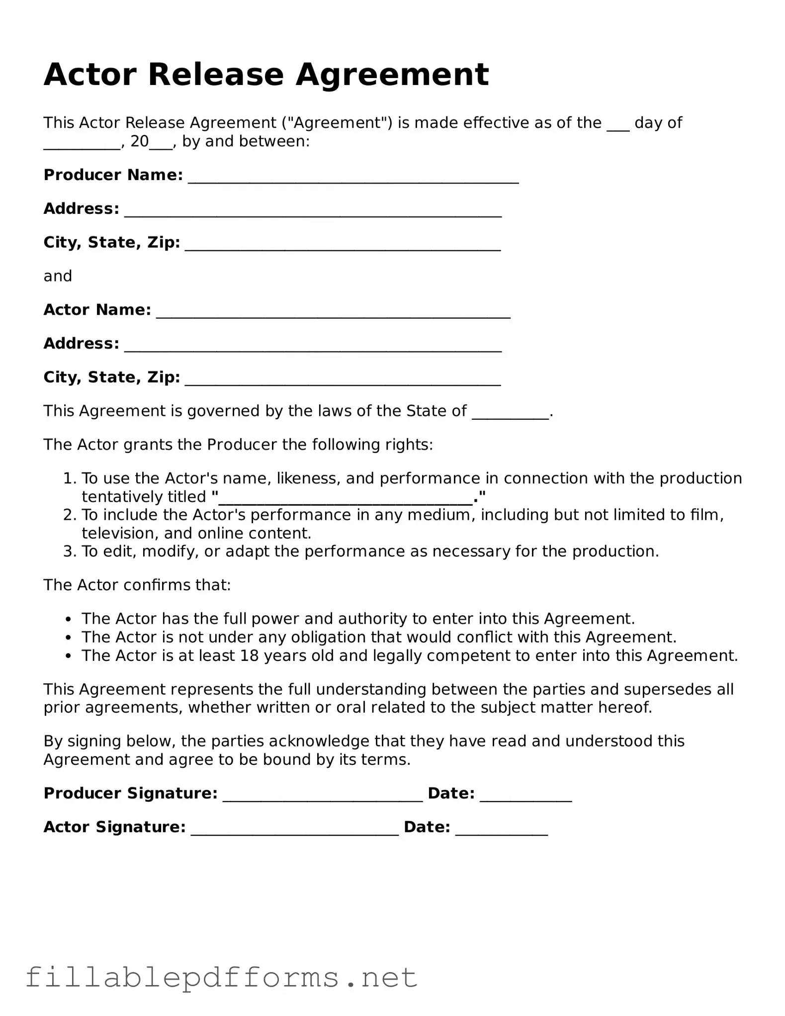 Blank Actor Release Template