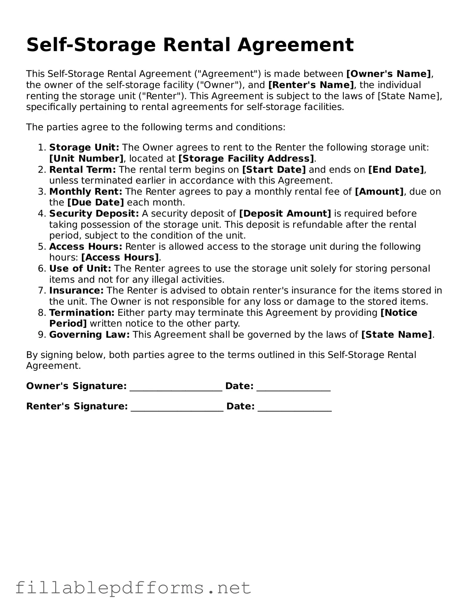 Blank Self-Storage Rental Agreement Template