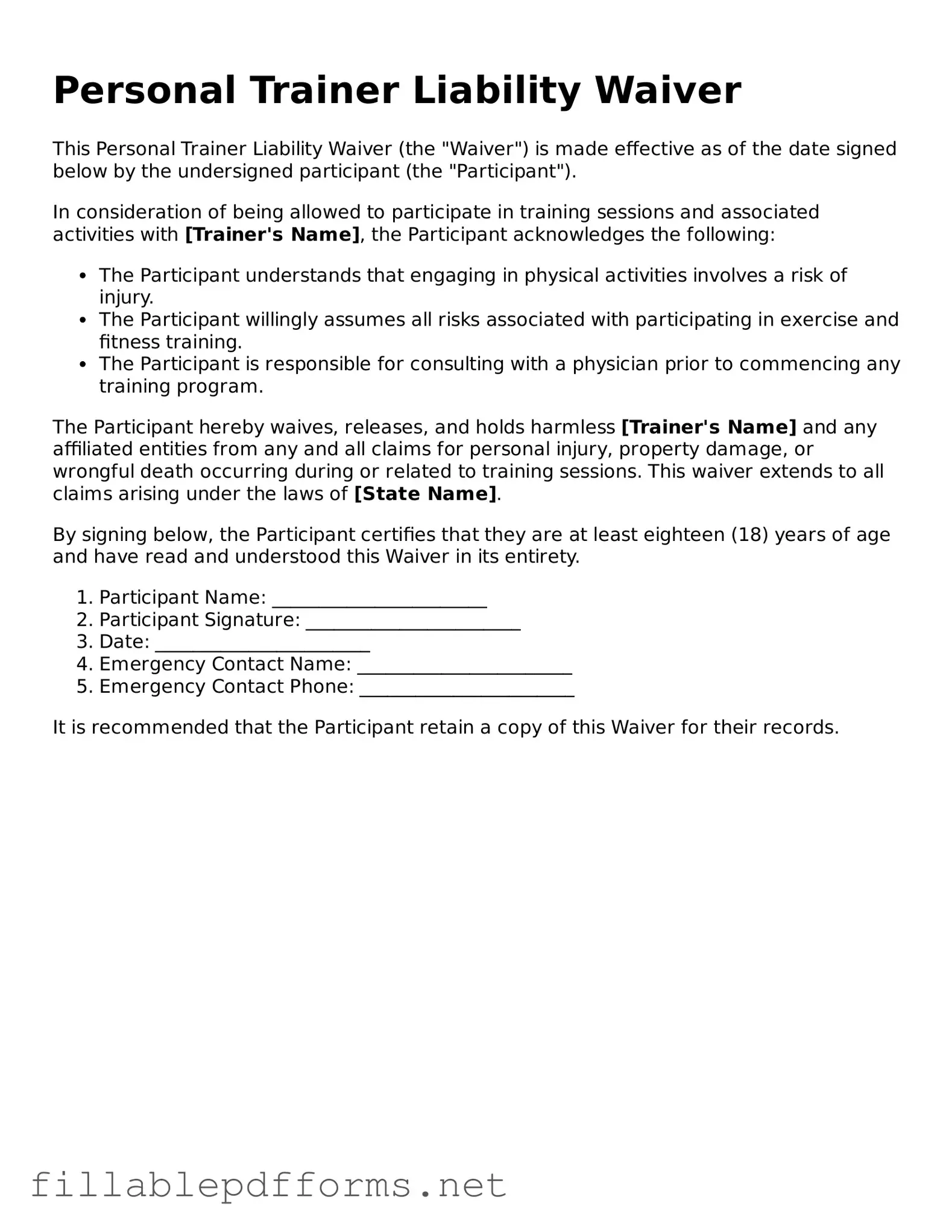 Blank Personal Trainer Liability Waiver Template