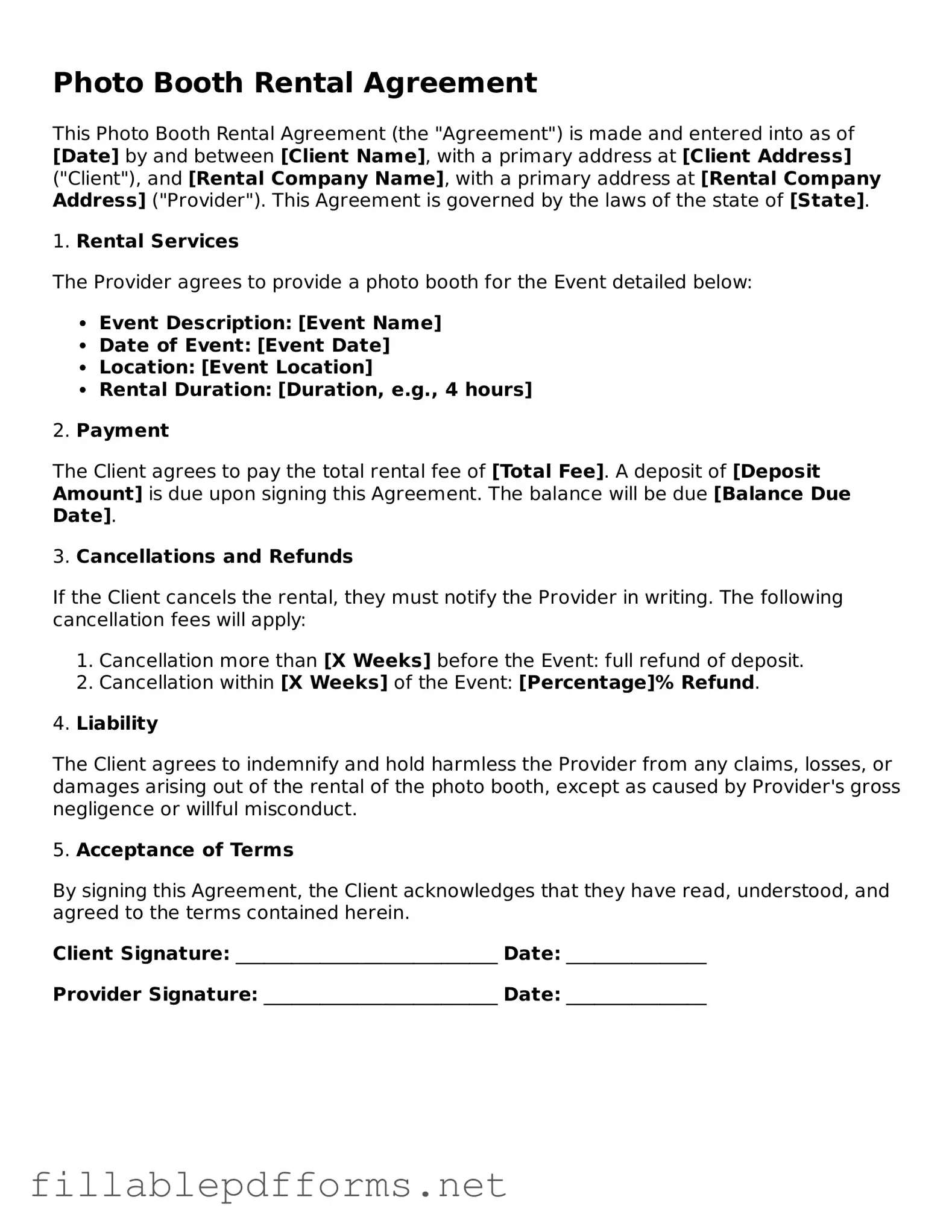 Blank Photo Booth Rental Agreement Template