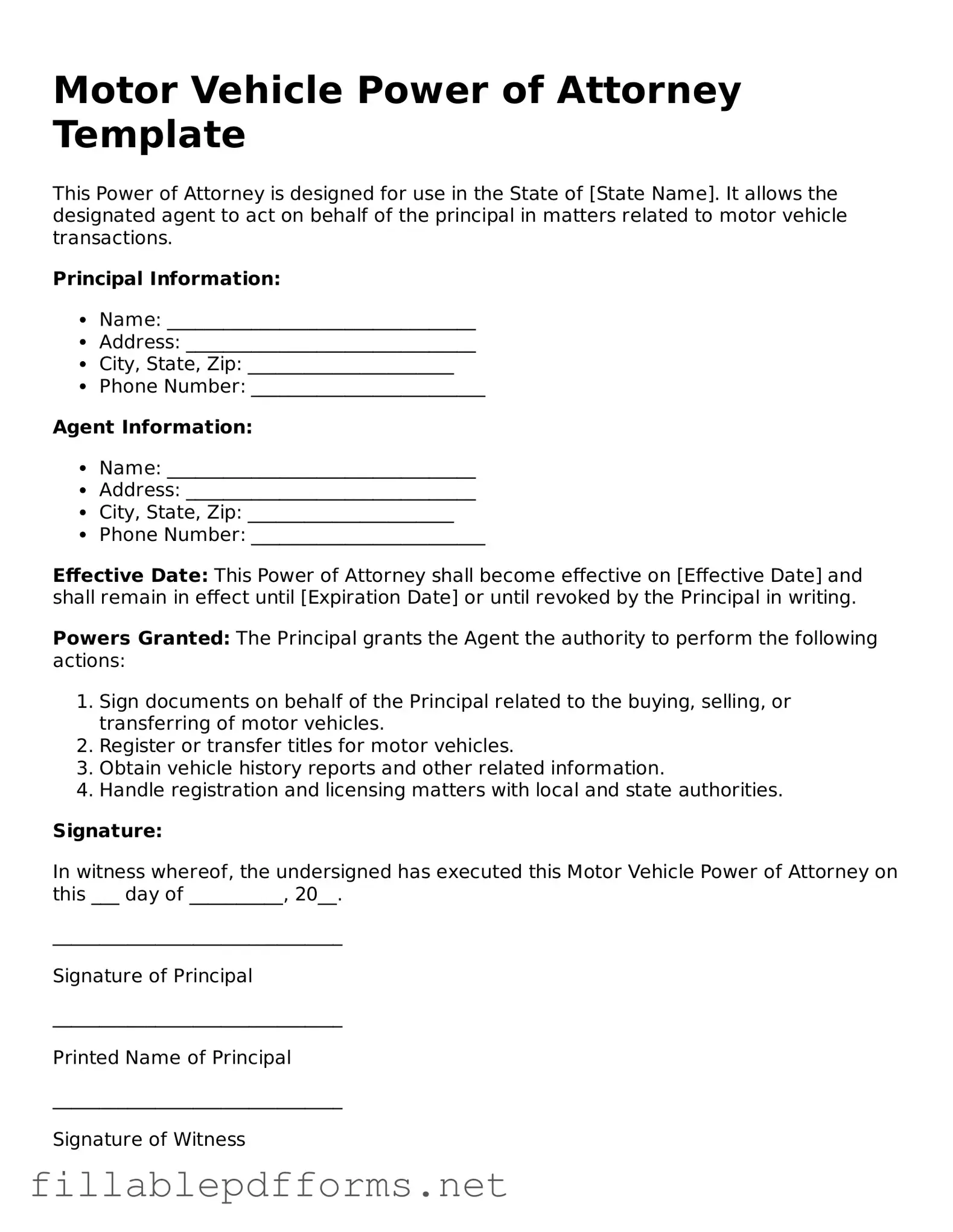 Blank Motor Vehicle Power of Attorney Template