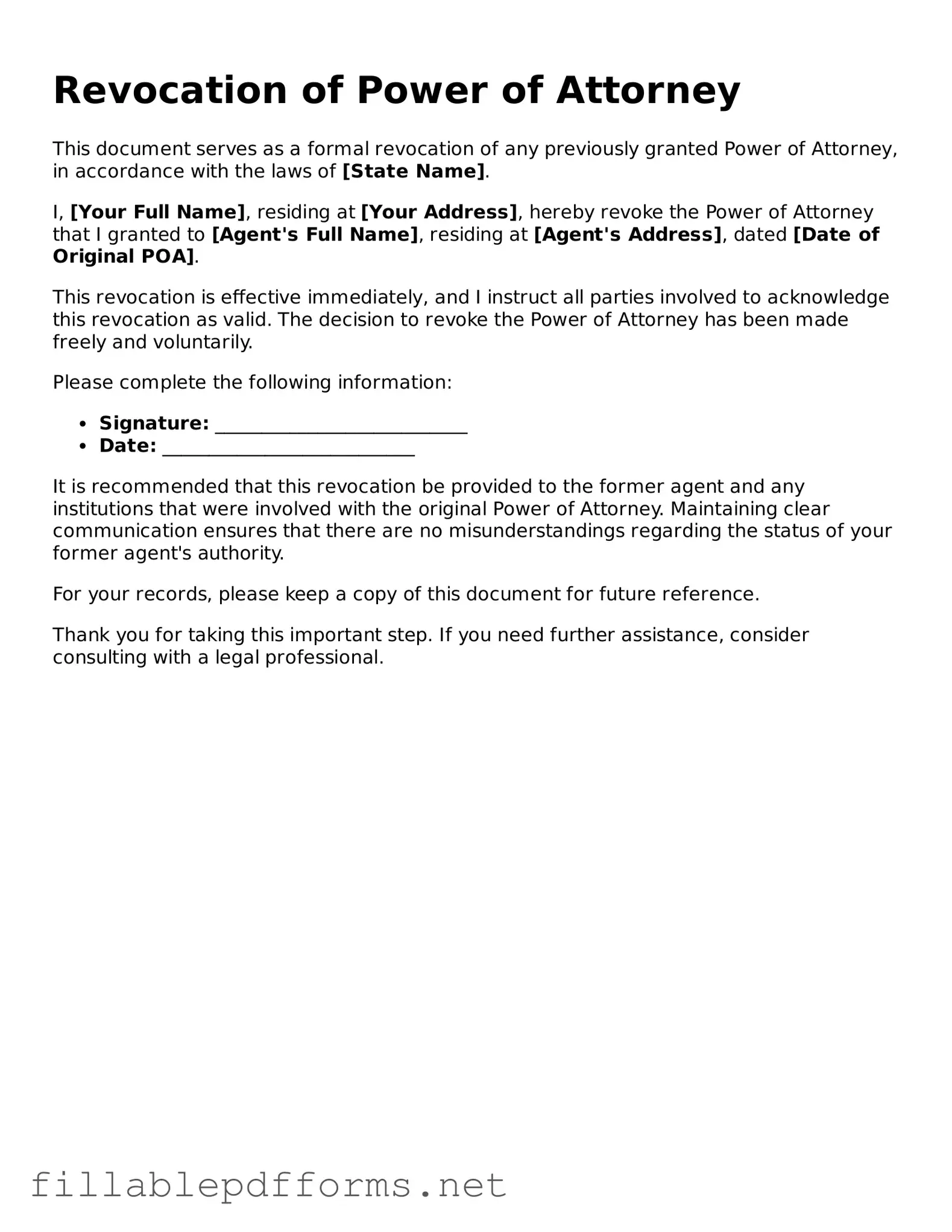 Blank Revocation of Power of Attorney Template