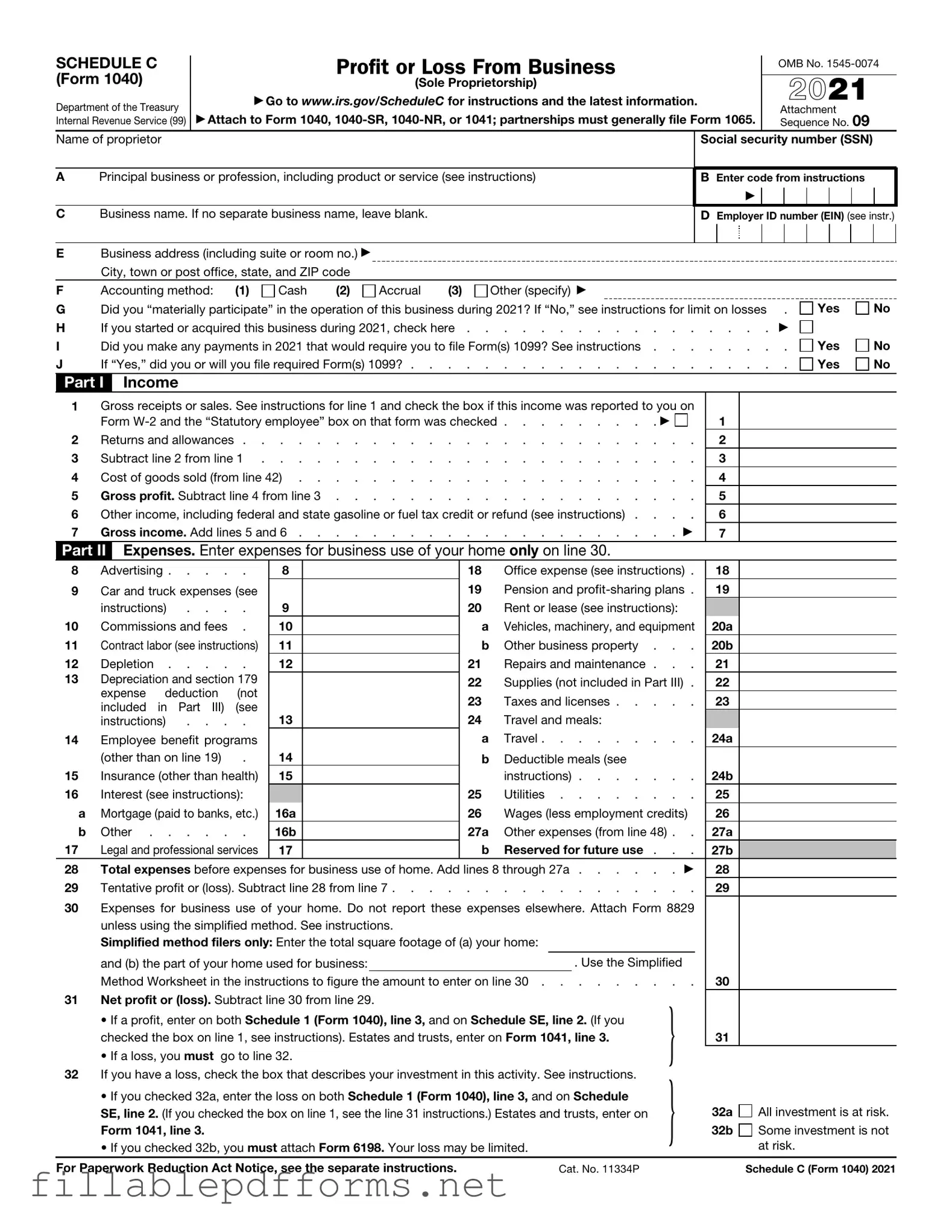 IRS Schedule C 1040 PDF Template