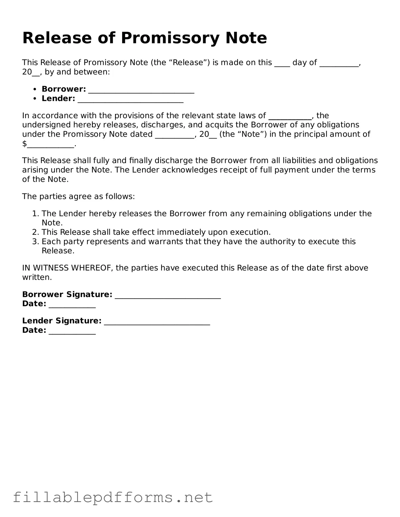 Blank Release of Promissory Note Template