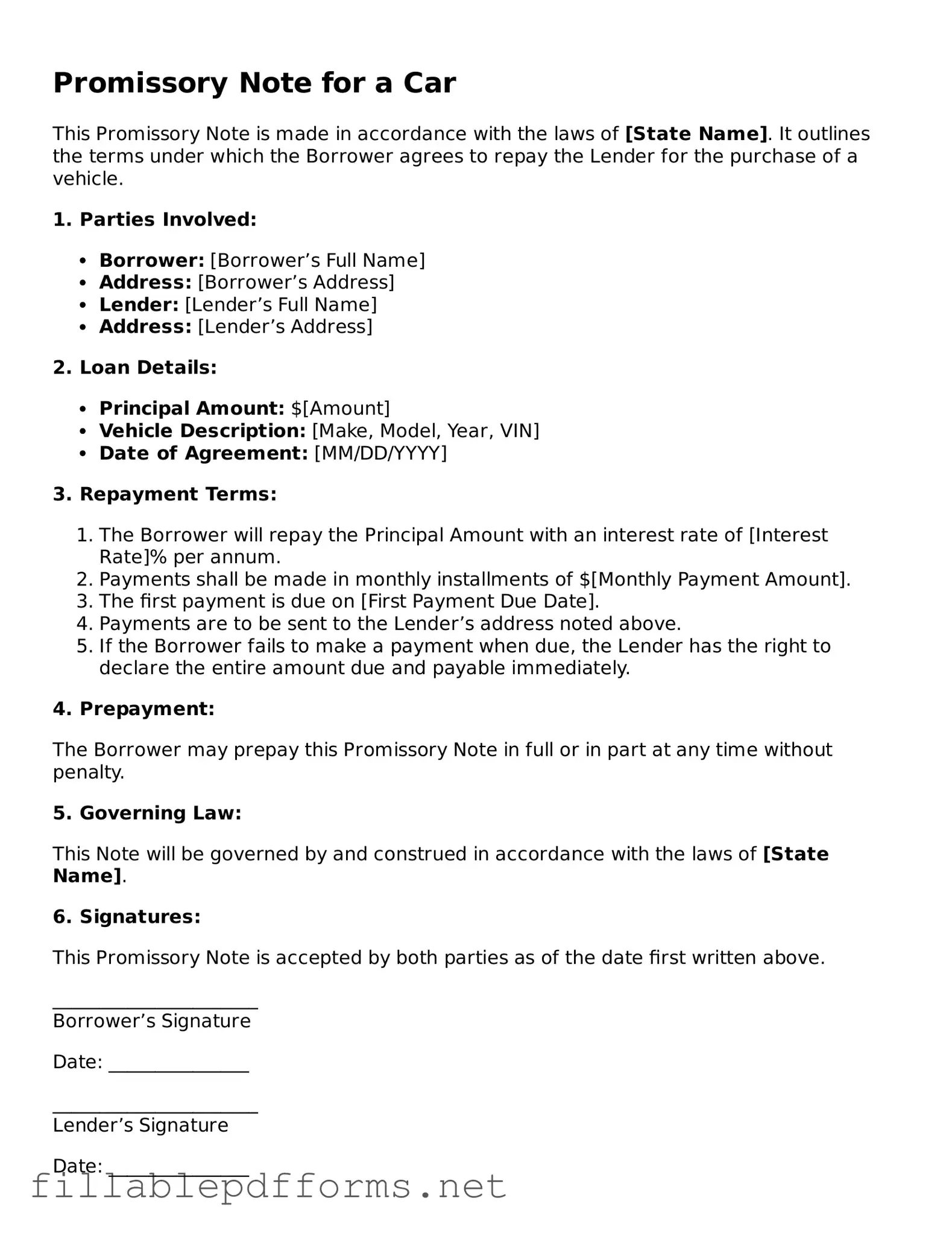 Blank Promissory Note for a Car Template