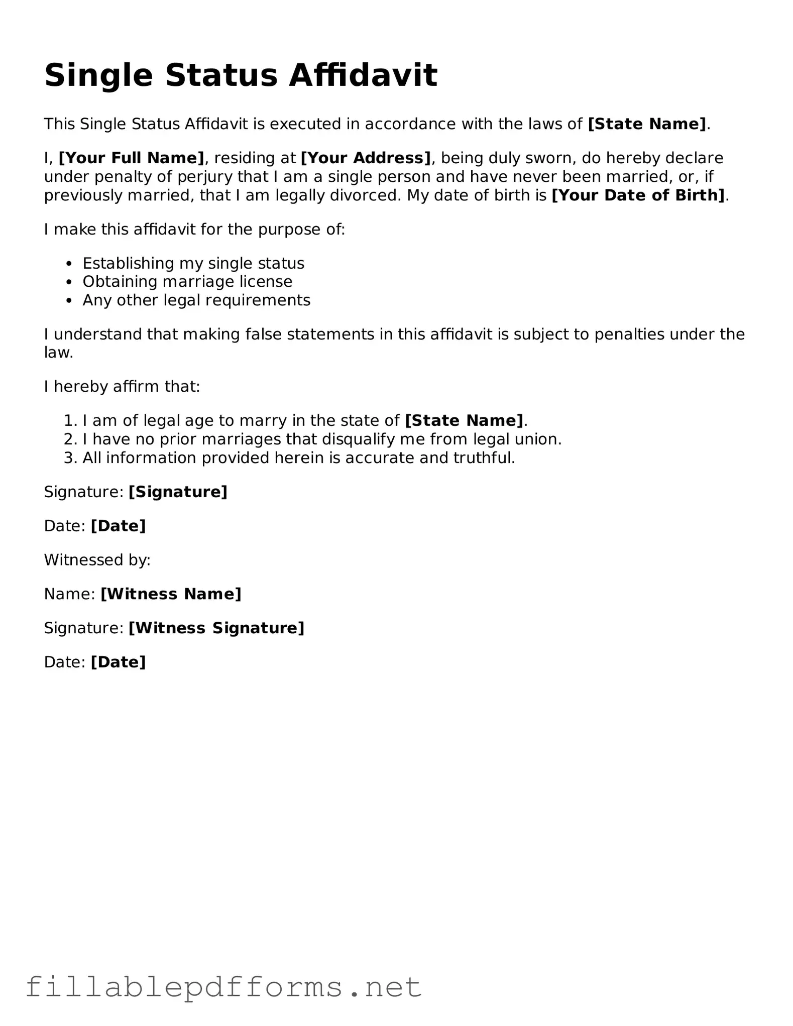 Blank Single Status Affidavit Template