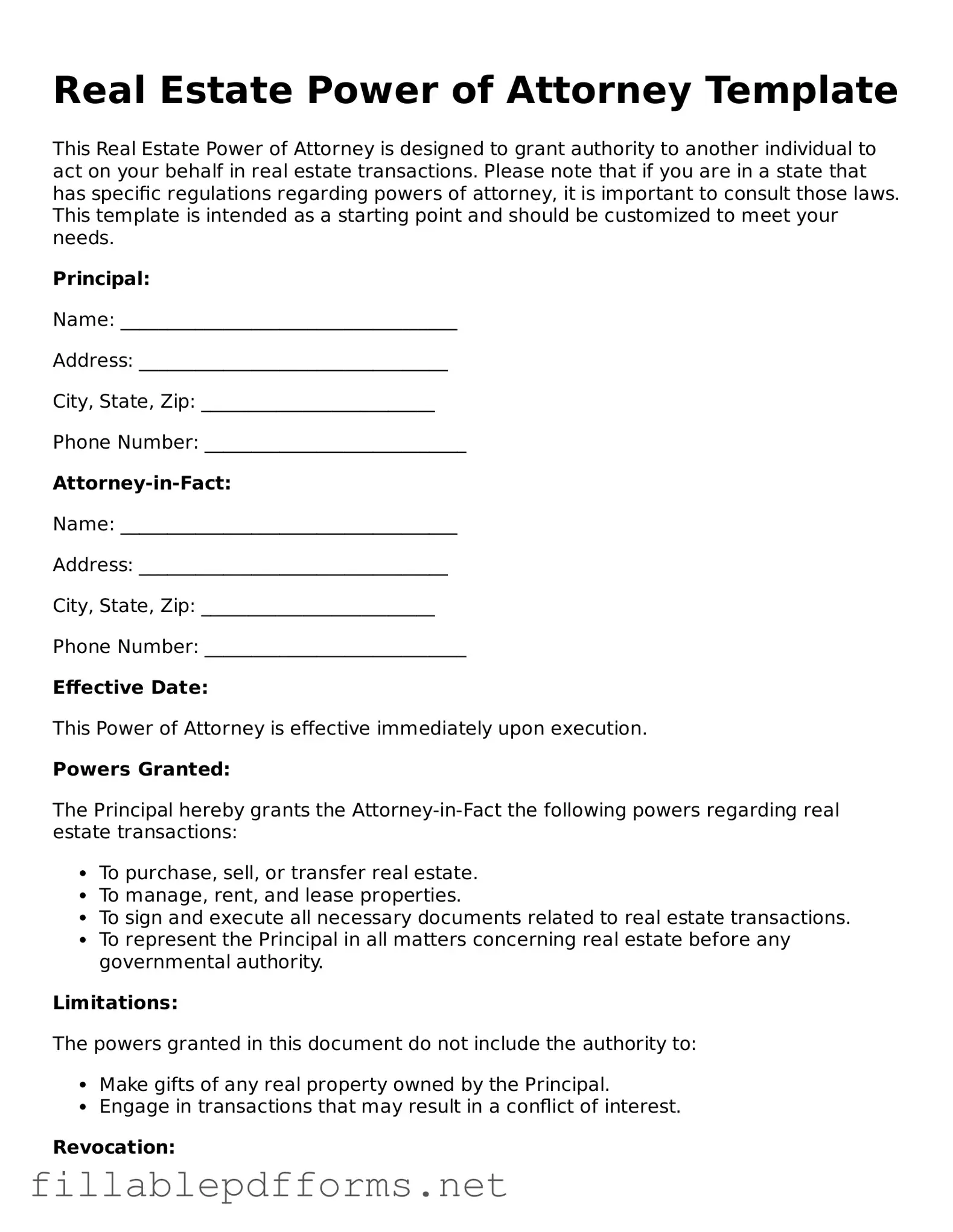 Blank Real Estate Power of Attorney Template
