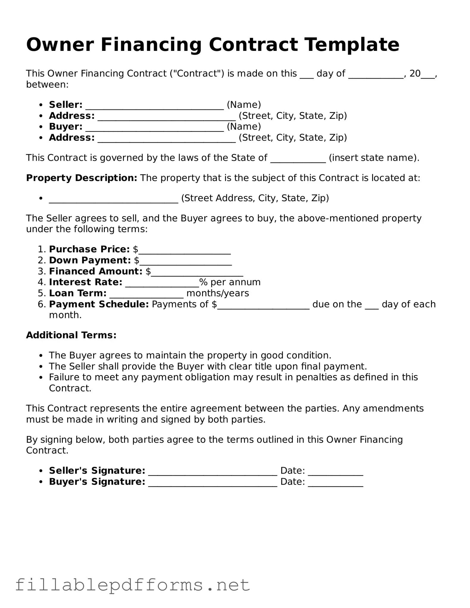 Blank Owner Financing Contract Template