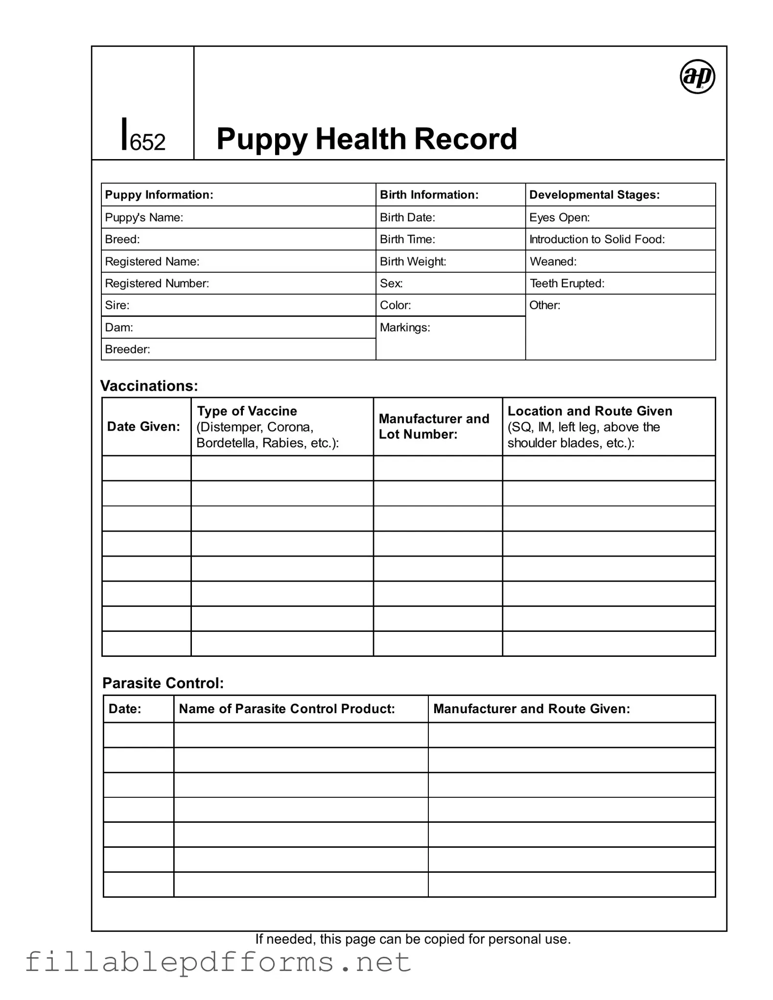 Puppy Health Record PDF Template