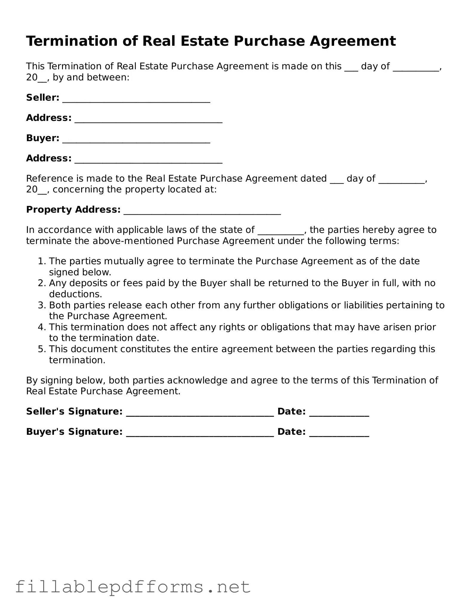 Blank Termination of Real Estate Purchase Agreement Template