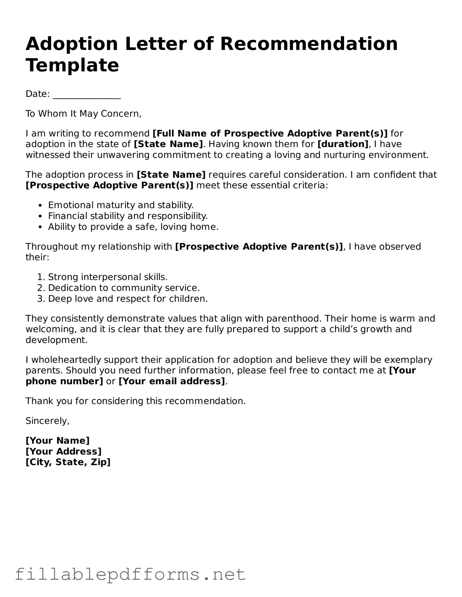 Blank Adoption Letter of Recommendation Template