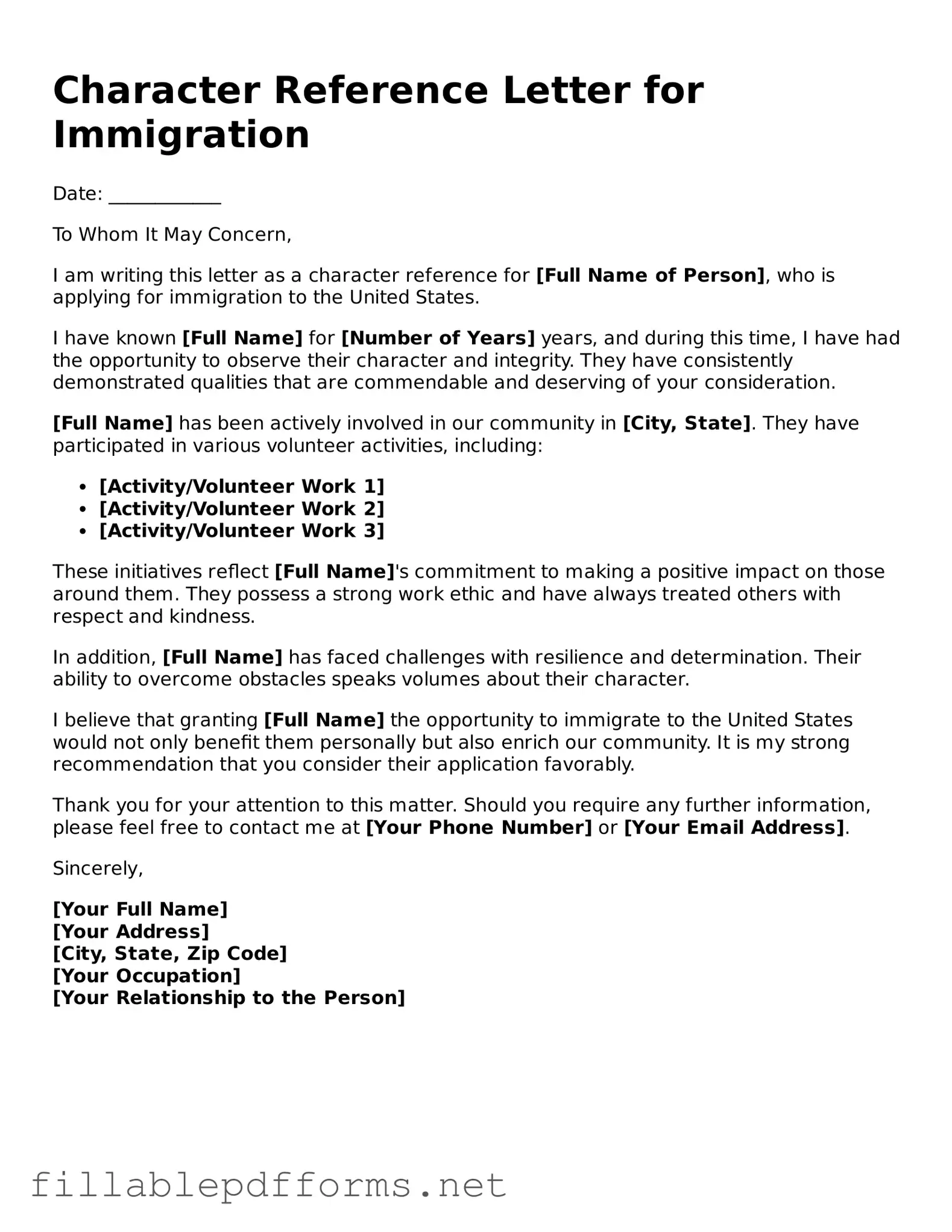 Blank Character Reference Letter for Immigration Template