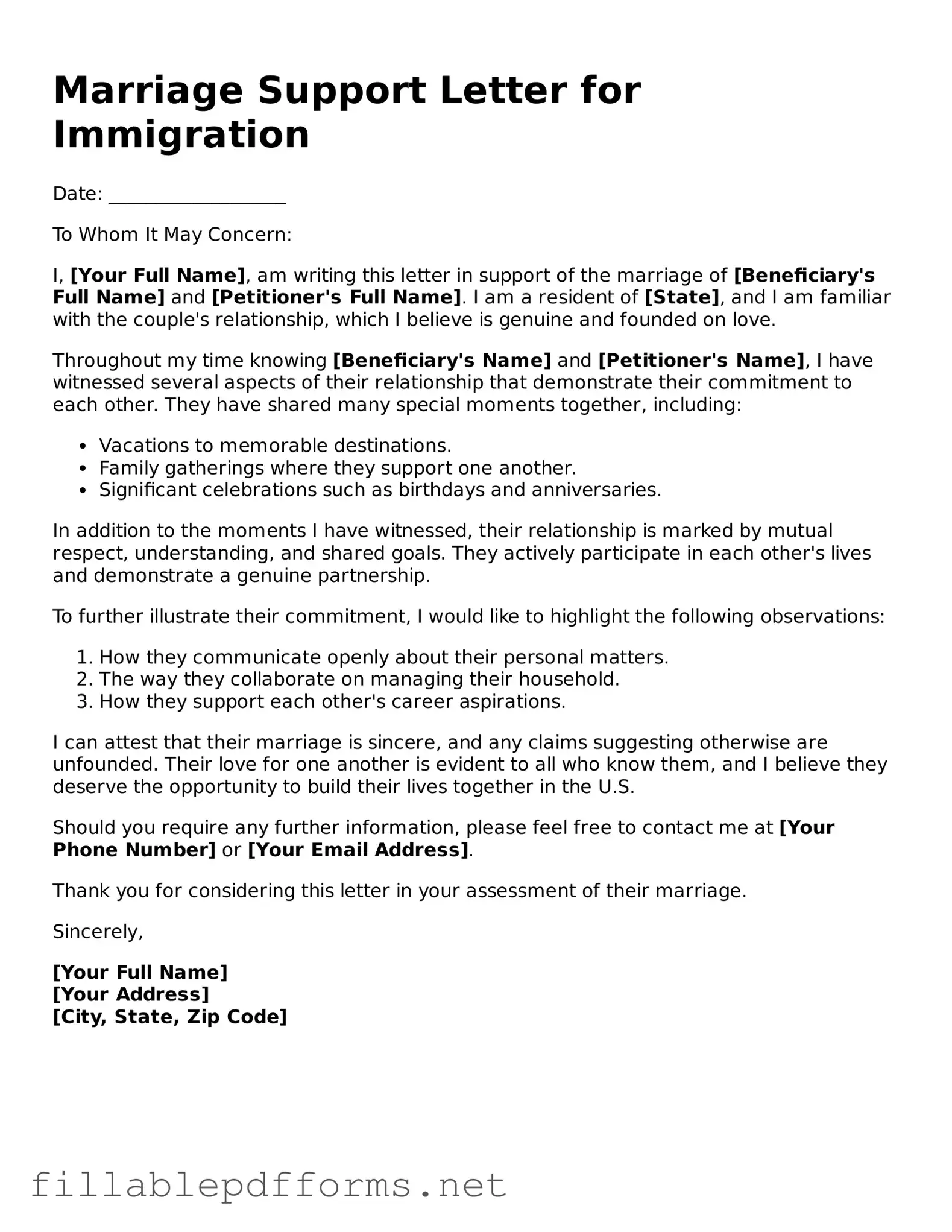 Blank Marriage Support Letter for Immigration Template