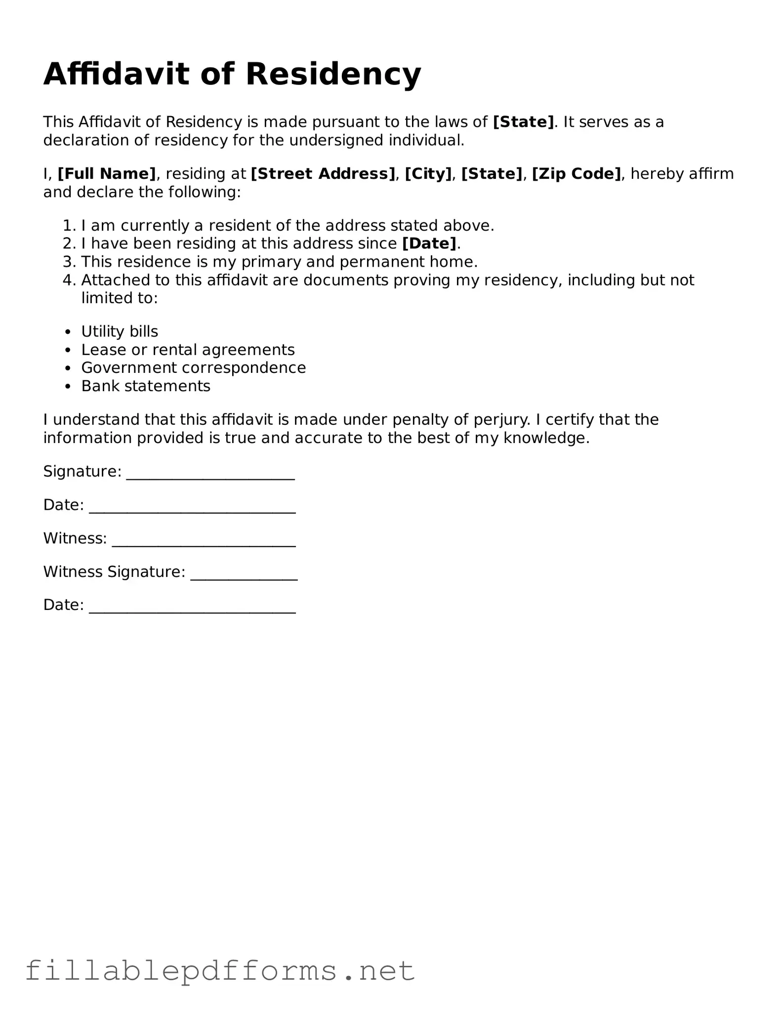 Blank Affidavit of Residency Template