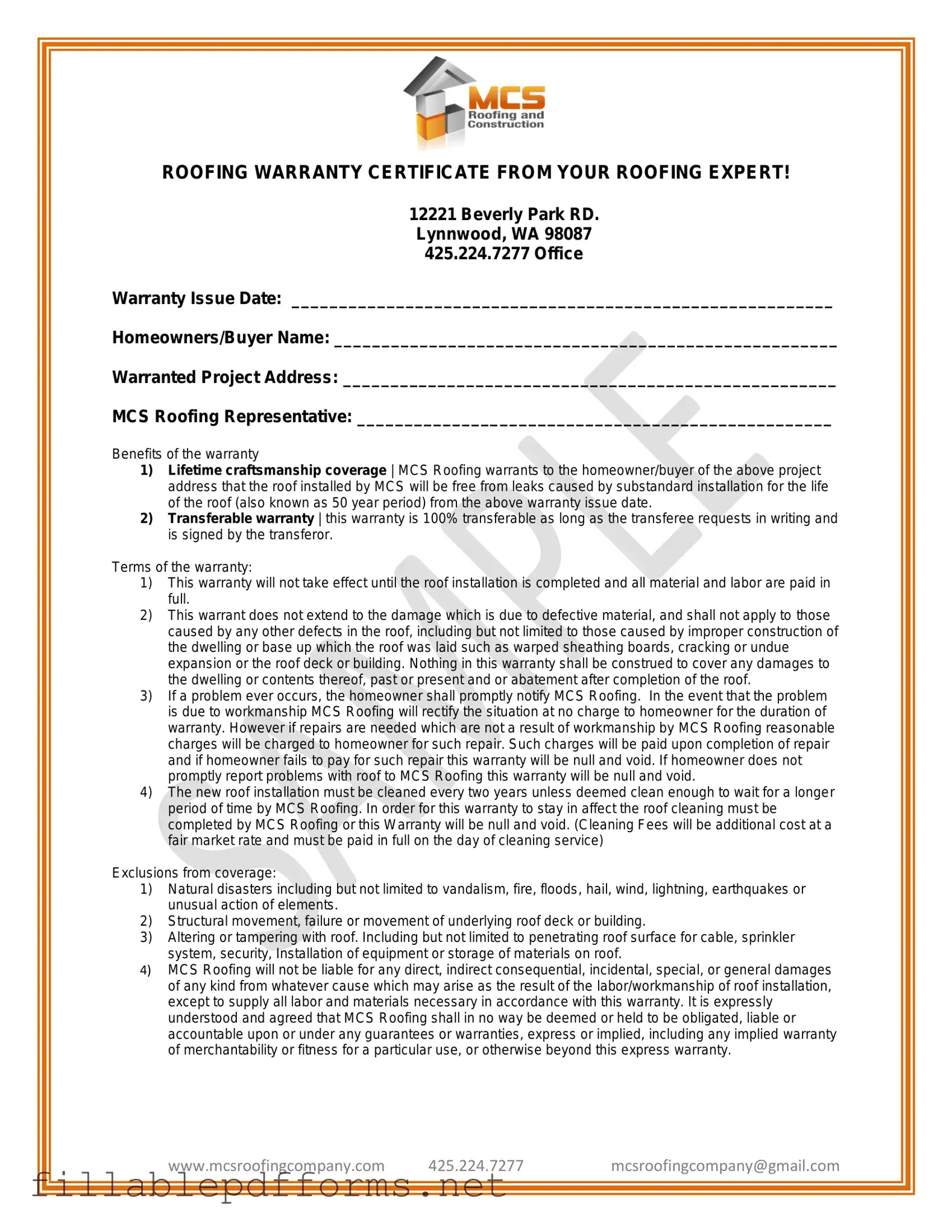 Roofing Warranty Certificate PDF Template