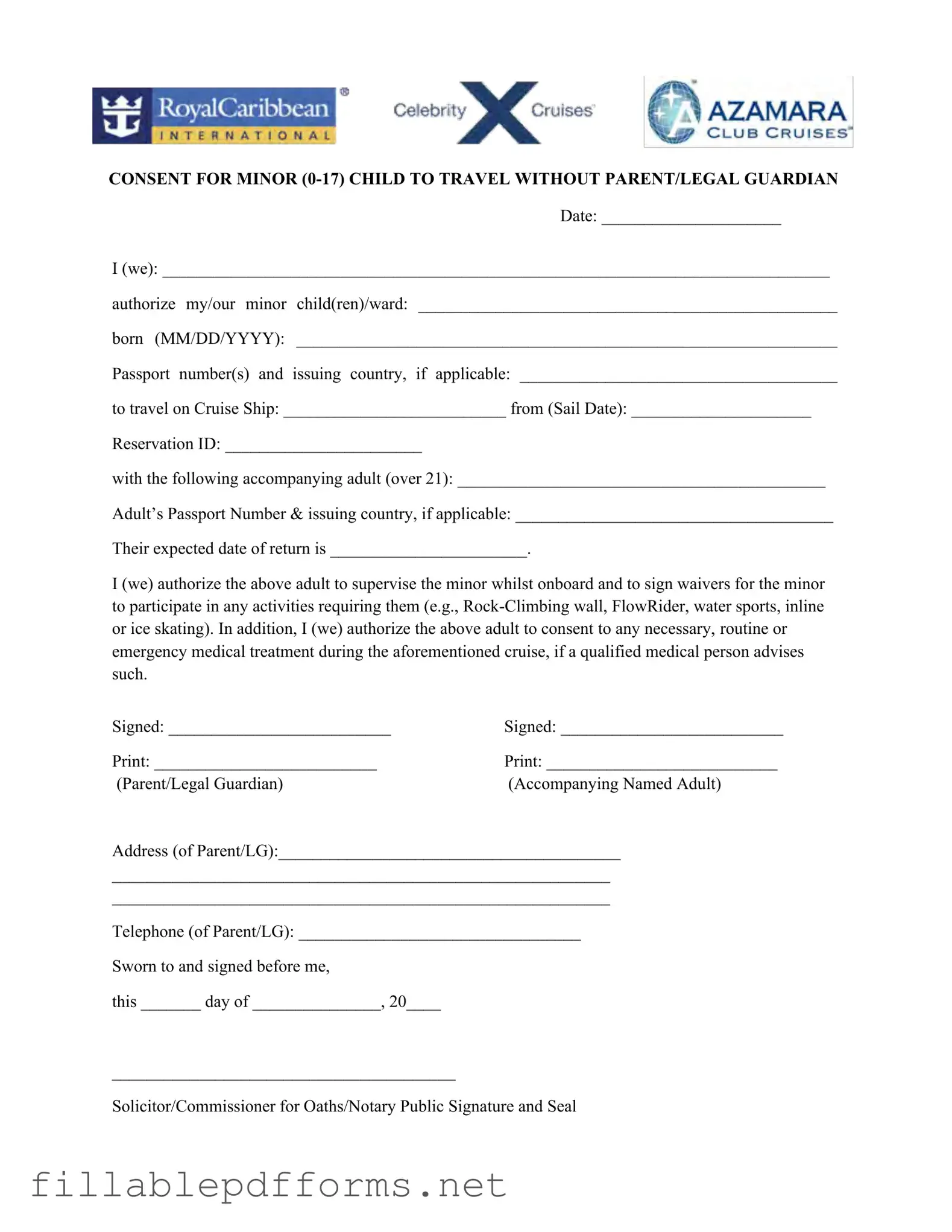 Royal Caribbean Parental Consent PDF Template