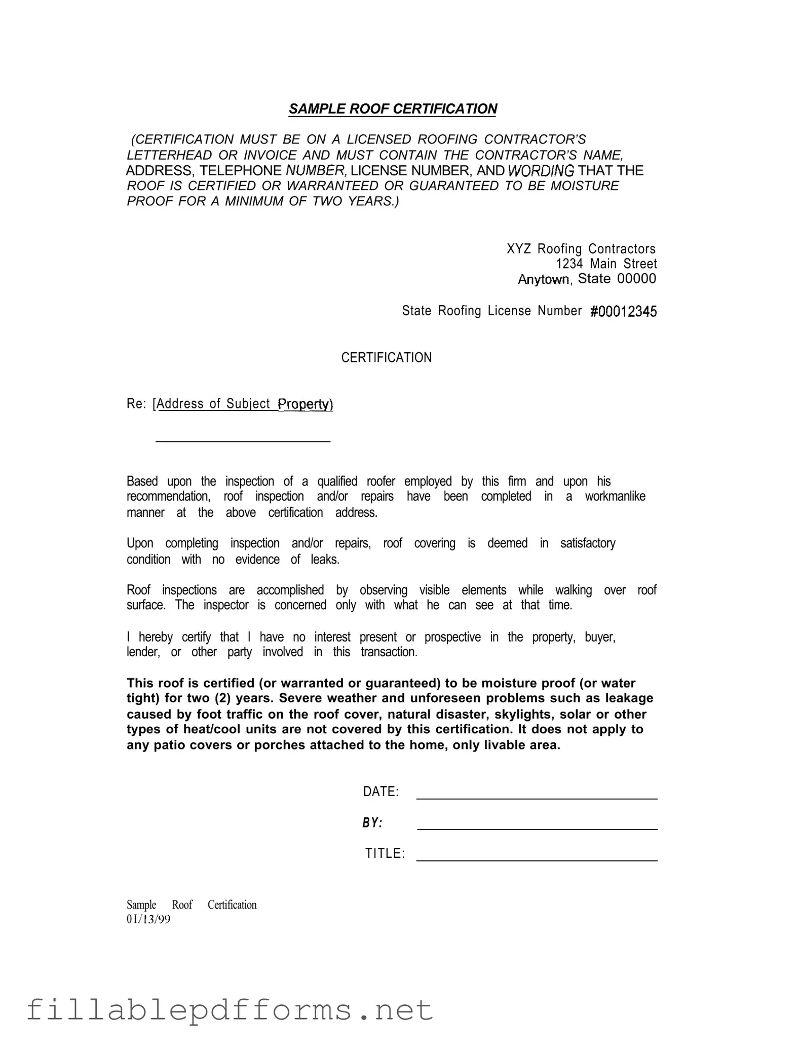 Sample Roof Certification PDF Template