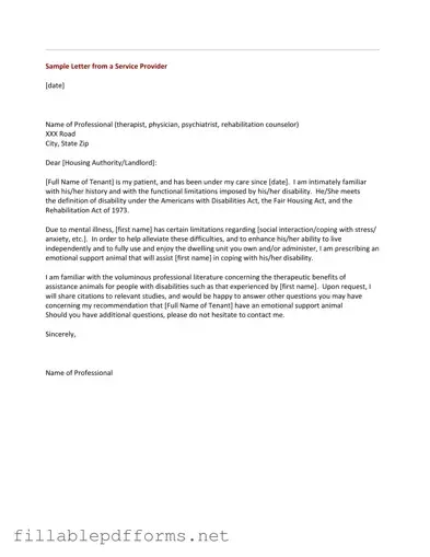 Emotional Support Animal Letter PDF Template