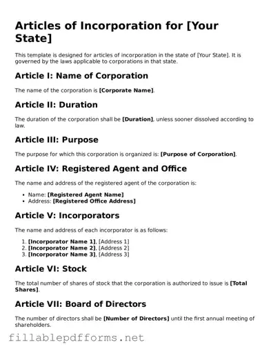 Blank Articles of Incorporation Template