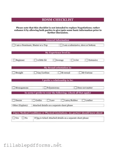 Bdsm Checklist PDF Template