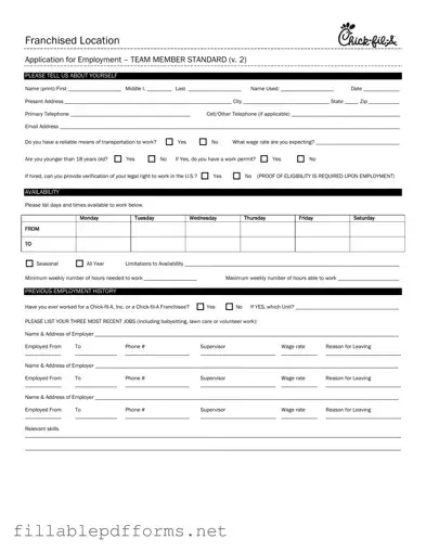 Chick Fil A Job Application PDF Template