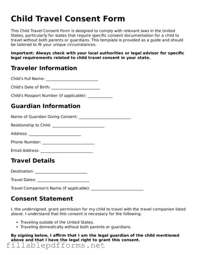 Blank Child Travel Consent Form Template