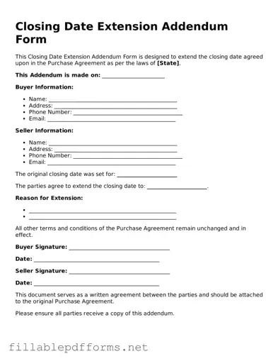 Blank Closing Date Extension Addendum Form Template